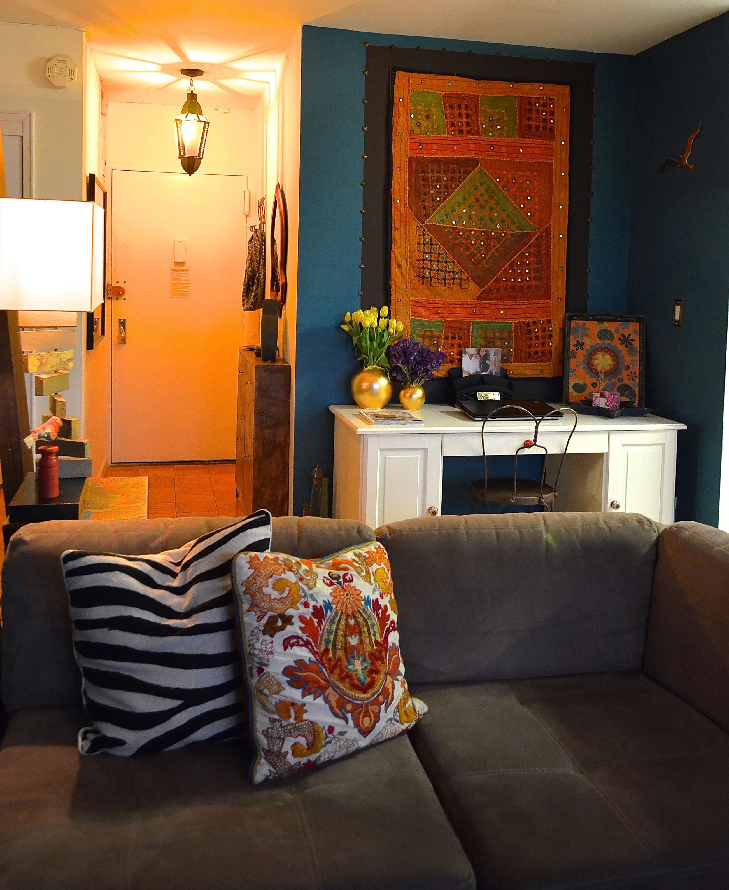 Harlem Oasis, Moroccan and Indian Inspired Design, Jewel Tone Living Room and Office Nook