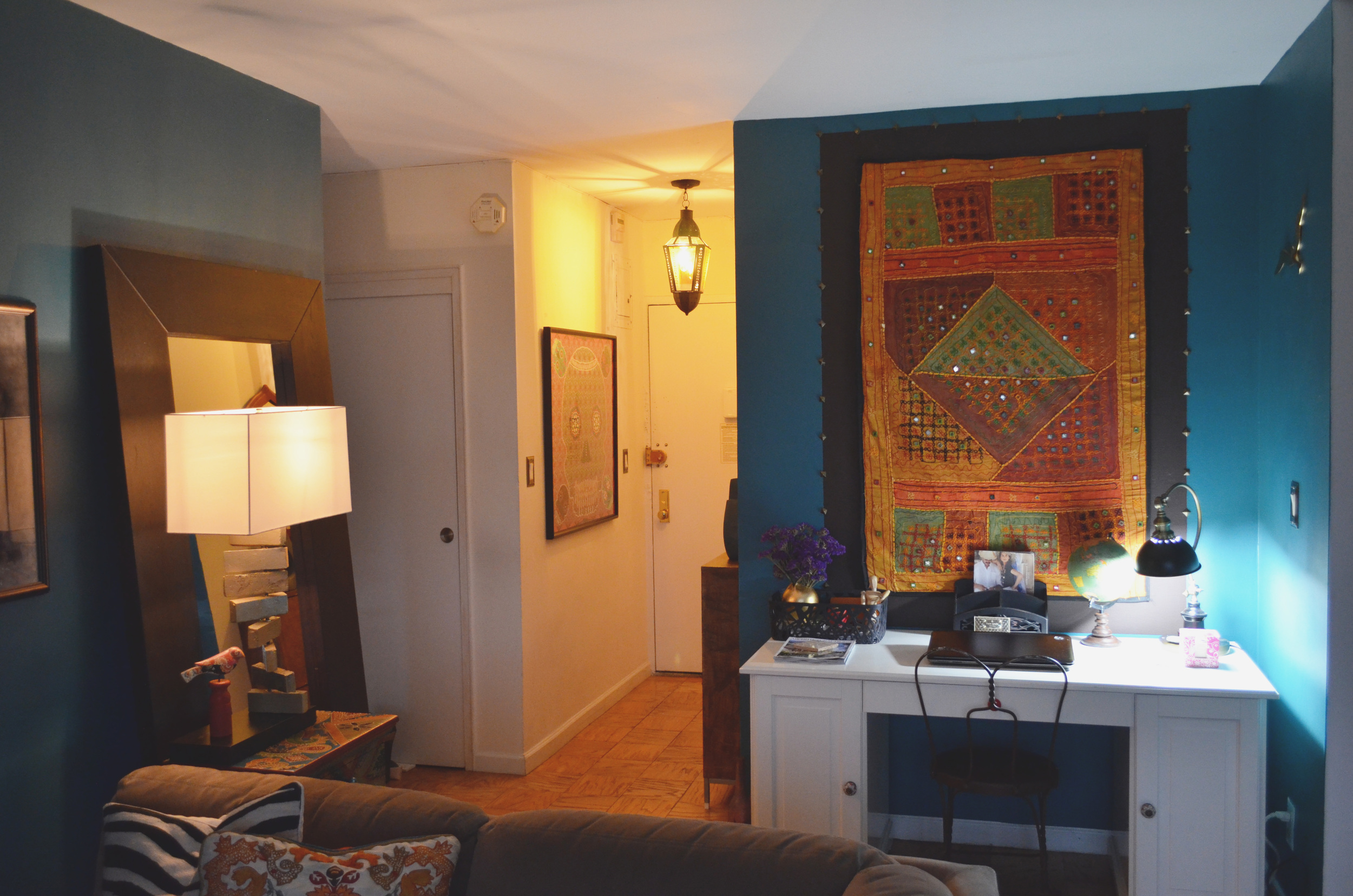 Harlem Oasis, Moroccan and Indian Inspired Design, Jewel Tone Living Room and Office Nook 