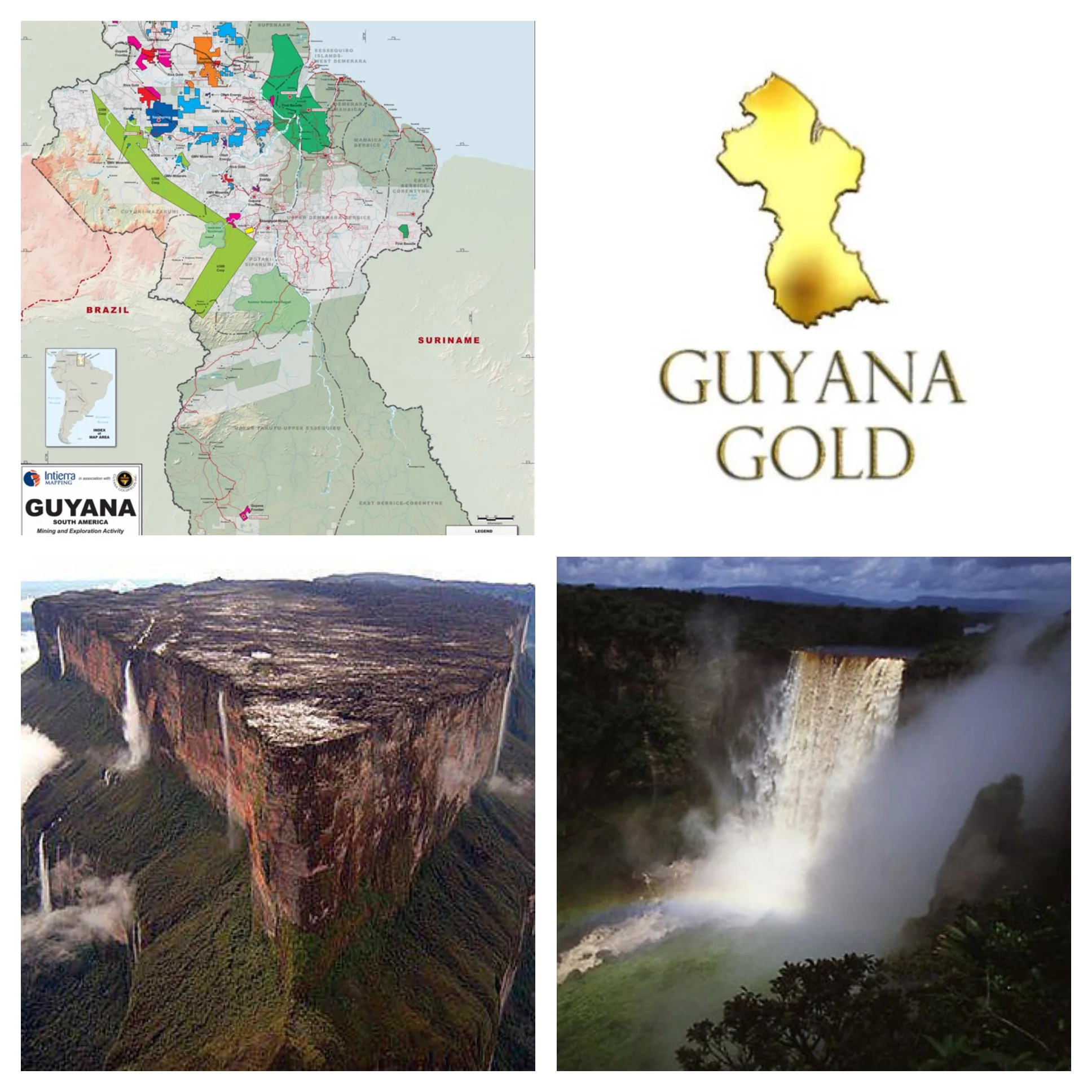 Top Left: A map of the mining areas throughout Guyana. Bottom Left: Mount Roraima spans through the rainforest of Guyana, Venezuela and Brazil. Bottom Right: Kaieteur Falls is the world's widest single drop waterfall. Located on the Potaro River in Essequibo, Guyana. 