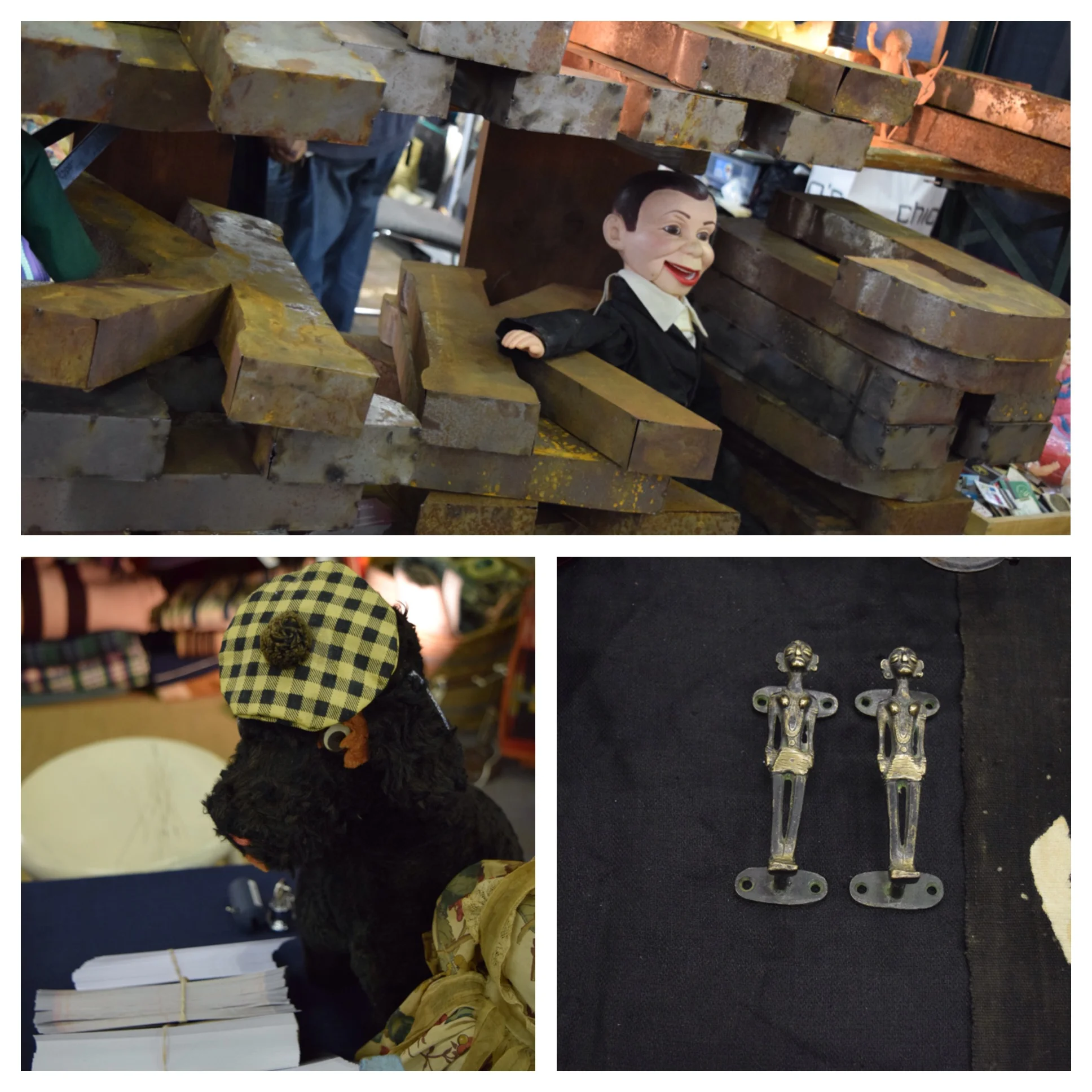 Top: Classic ventriloquist puppet sitting amongst vintage metal letters. You can find these and other nostalgic items on DansParentsHouse.com Bottom Left: Cute Scottish Terrier in his traditional hat. Bottom Right: Unique door handles.