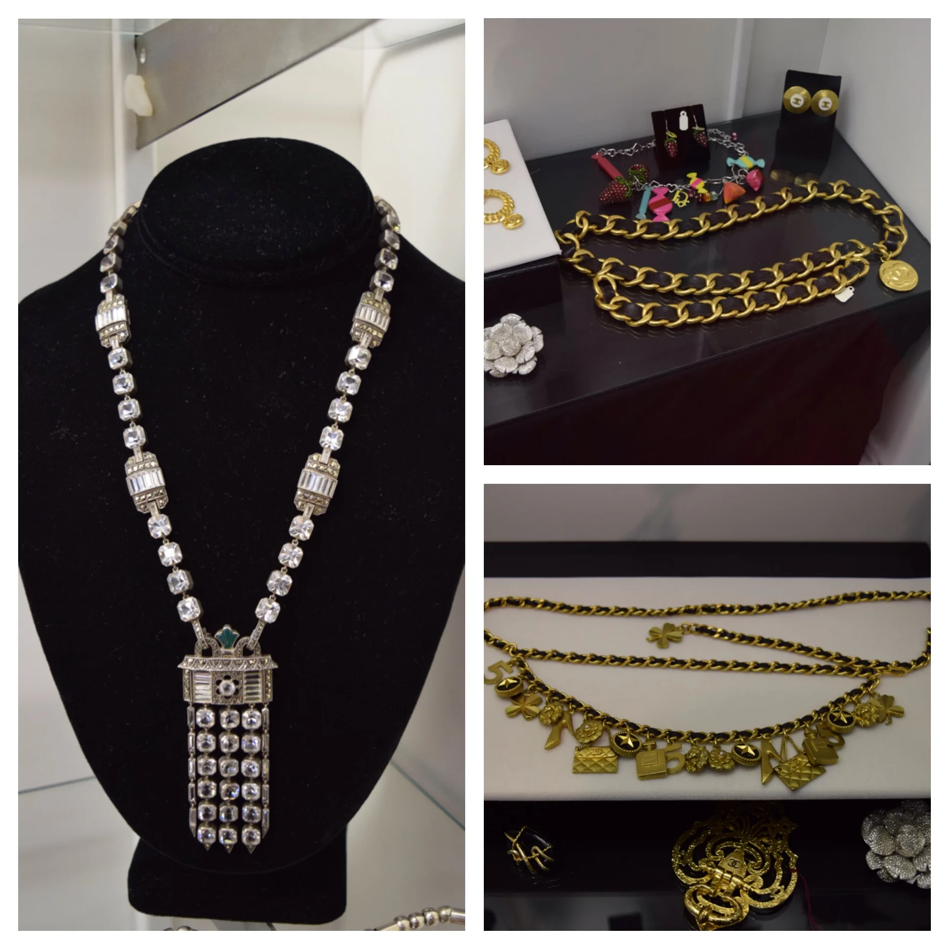 Everything in this glass case was so sparkly and pretty. It's all vintage Chanel. The jewelry and accessories seen here cost way more than I am personally willing to spend but the man selling them was really nice. He let me try things on and arranged pieces so I could get some good pictures. The two pieces on the right are belts. If you are in the market for vintage Chanel you can email him at roy.rover.jewelry@gmail.com
