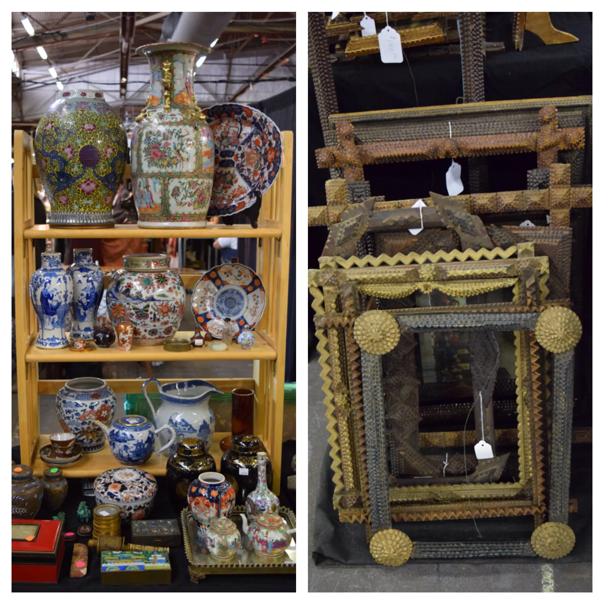Don't forget, this can be stimulation overload when looking at everything together in one display area. You have to imagine just one or two pieces to bring into your home to make it special. Right Side: These were made in the 1930's by homeless men who carved the designs into old cigar boxes as a way to make money... (Well, at least that's the story the woman selling them told me).