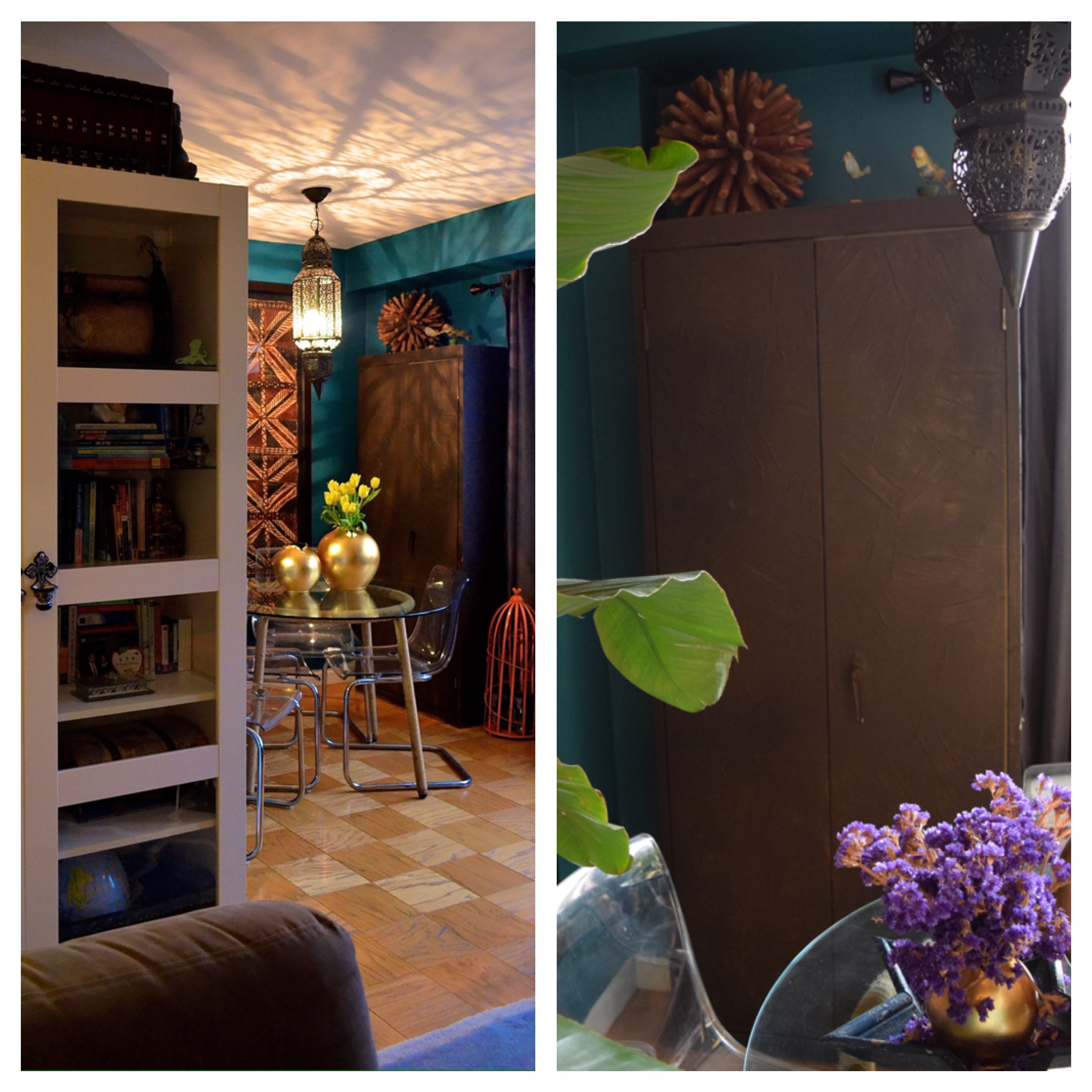 Left: Peek-a-boo pic into the dining area where the storage cabinet now resides. Right: The cabinet beautifully blends into the rest of the decor and adds structure and storage to the dining area (as opposed to making it look like a garage). 