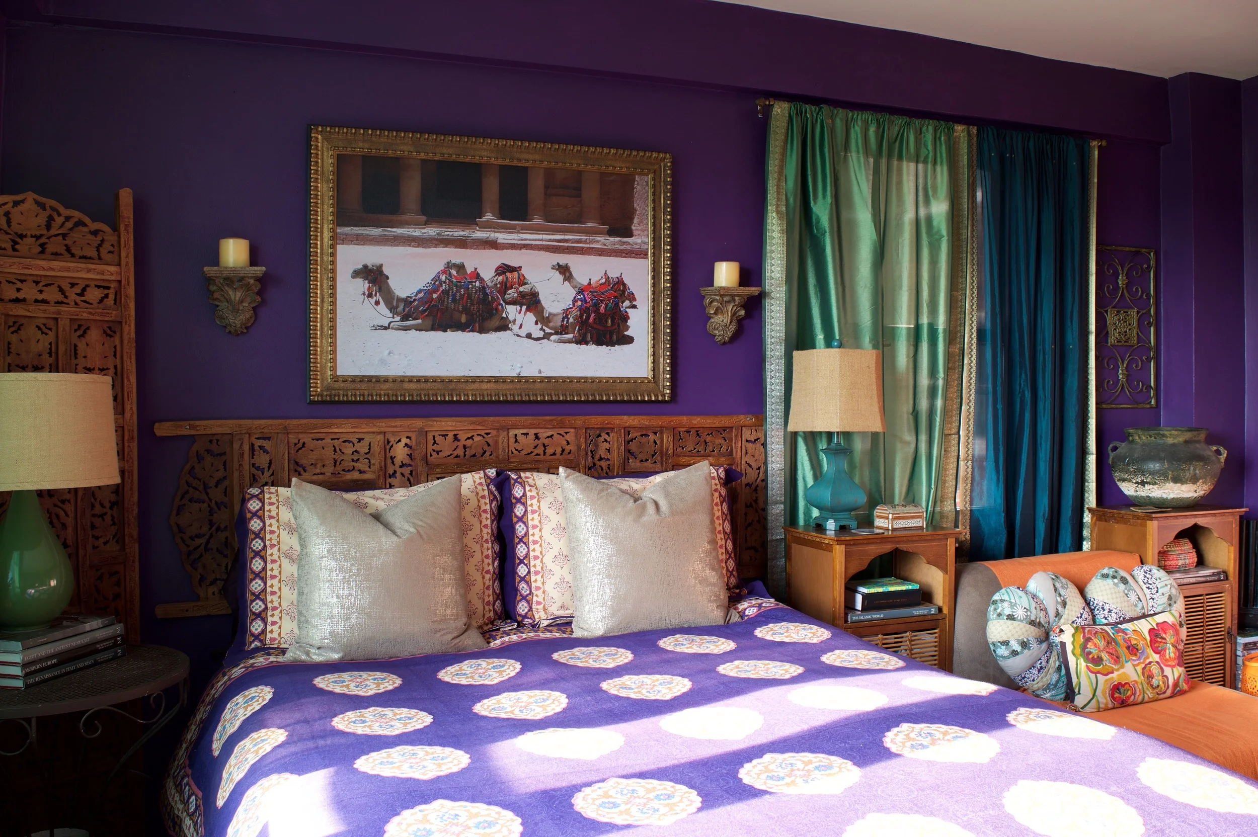 Bedroom by Helen Hamblin Designs (click on my portfolio page to see more): The patterns, wood screen/headboard, sari curtains, art and decor makes this room quite worldly.