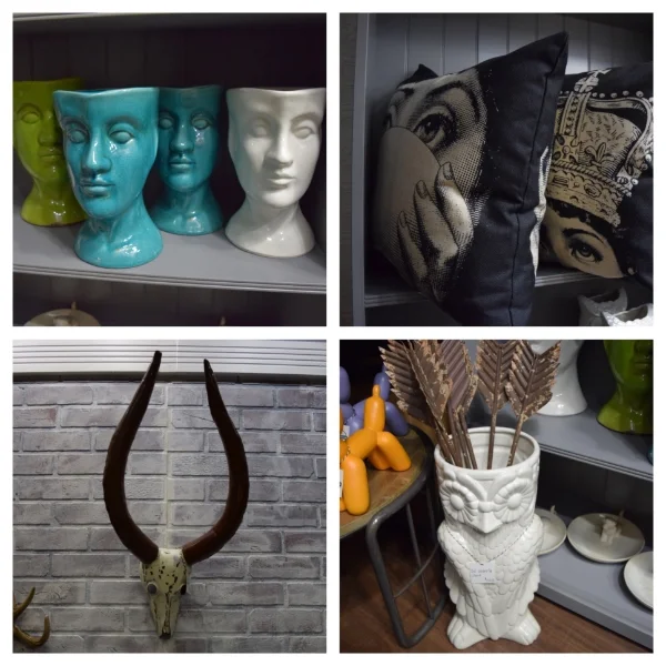 Top Left: Head Planters... these planters can be used to hold anything. The owner of Harlem Heirloom Jammie said that one of his customers uses it as a bathroom garbage can. Great idea! Top Right: Check out these awesome throw pillows! Look into my eyes... Bottom Left: I am totally into antlers and there are various kinds to choose from at the store. Bottom Right: Owl Umbrella Holder