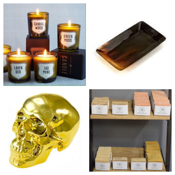 Top Left: Who wouldn't love receiving a scented candle as a gift? Top Right: Doesn't everyone need a small tray to hold things around the house? Put it in the entryway to hold your keys or on your desk for holding small items. Bottom Left: Golden Skull Bank, great decor to put on top of a stack of books as well as using it to collect your stray coins. Bottom Right: Harlem Soap