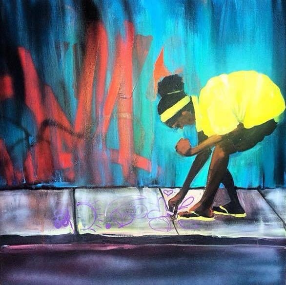 I liked this painting from the moment I saw it. I love the colors, the subject and its graffiti-like qualities. 