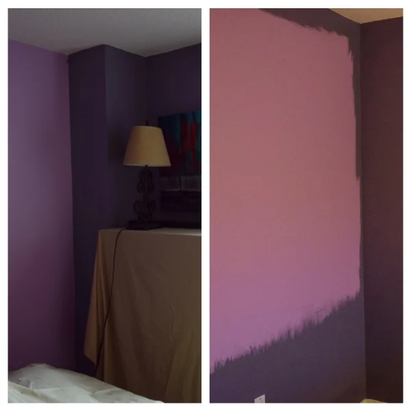 The old and new wall colors during the painting process.