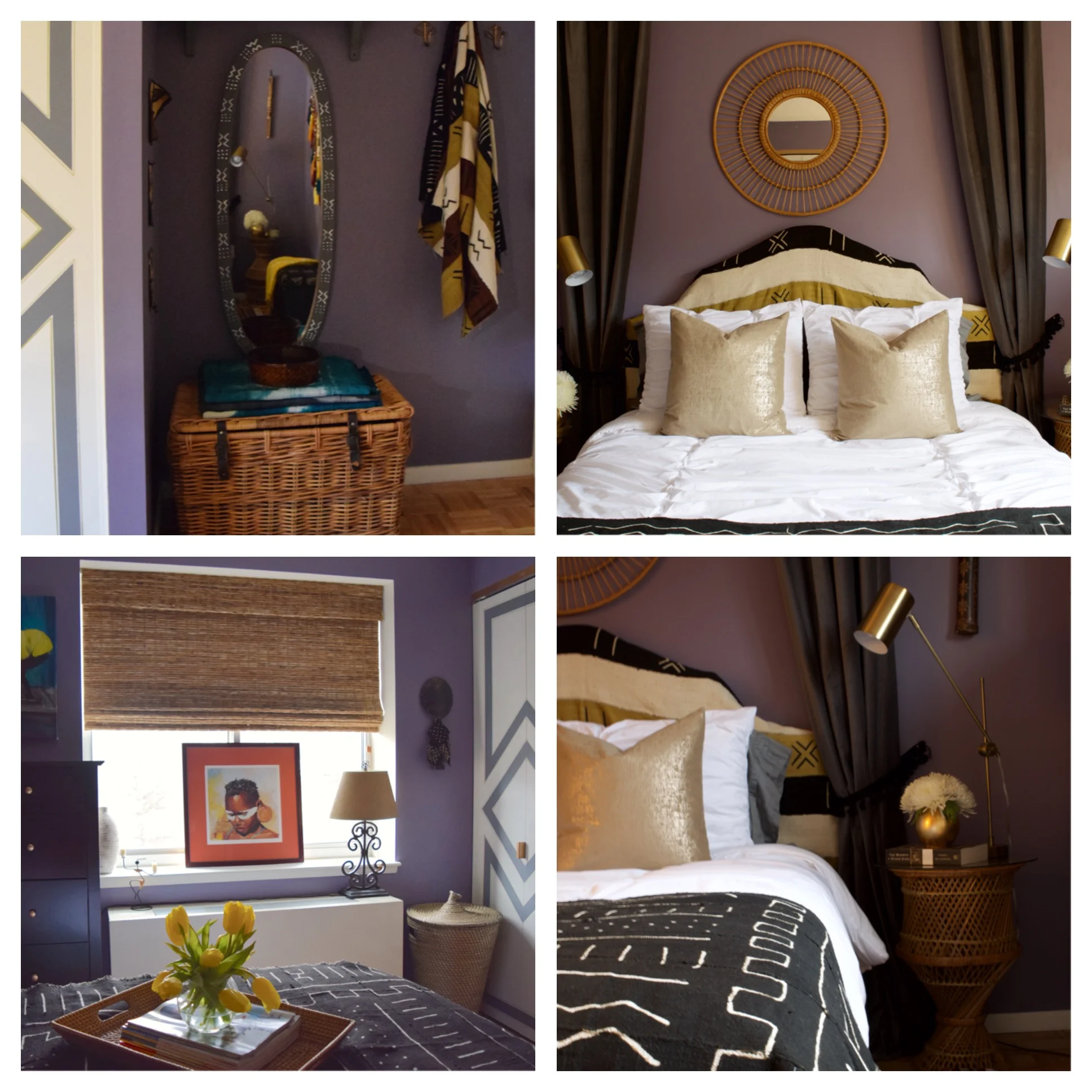 Top Left: Original rattan trunk in an area that before was dead and unused space. Now the area has storage, a shelf for art and books (above the mirror), and hooks for hanging coats, bags or clothes. In the before pics only the mirror was there. Top Right: Cool rattan mirror Bottom Left: Tray, basket and blinds bringing in more of that rattan, bamboo look. Bottom Right: Rattan side tables 
