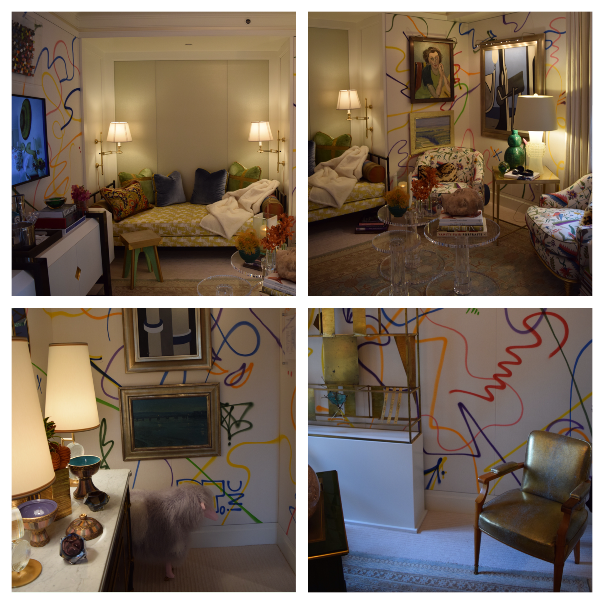 The graffiti was drawn freehand over the wall upholstery.
