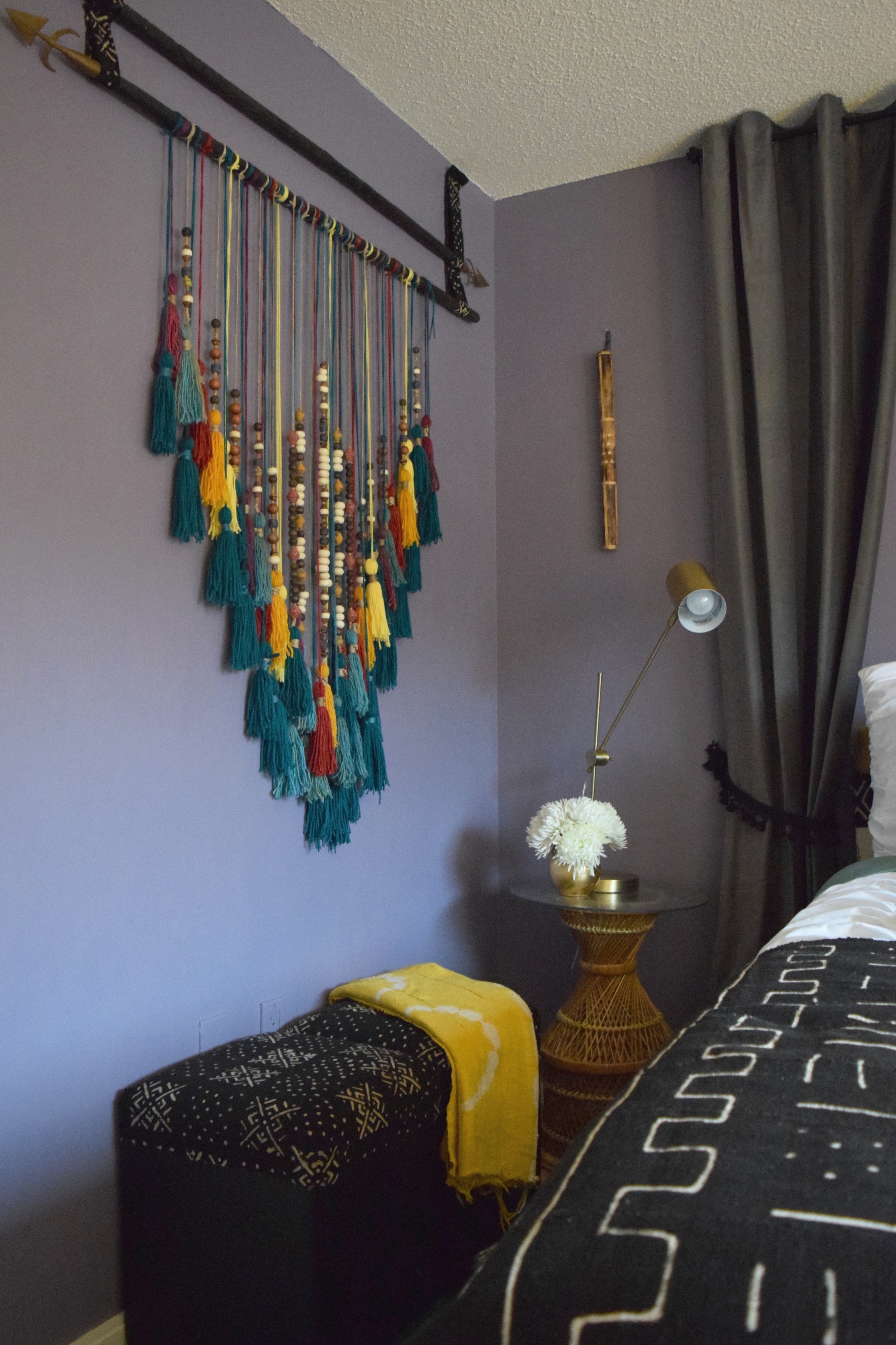 Ethnic Eclectic Bedroom, African Inspired Design, Bead and Tassel Wall Art