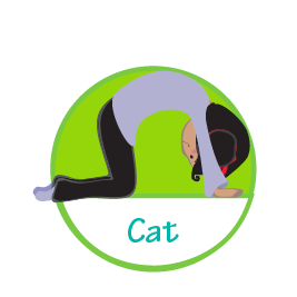 Kneel on your hands and knees with a flat back. Wrist, arms and shoulder in one vertical line. Pull your tummy in and arch your spine. Let your head drop towards the earth letting your neck relax. Look towards your belly.