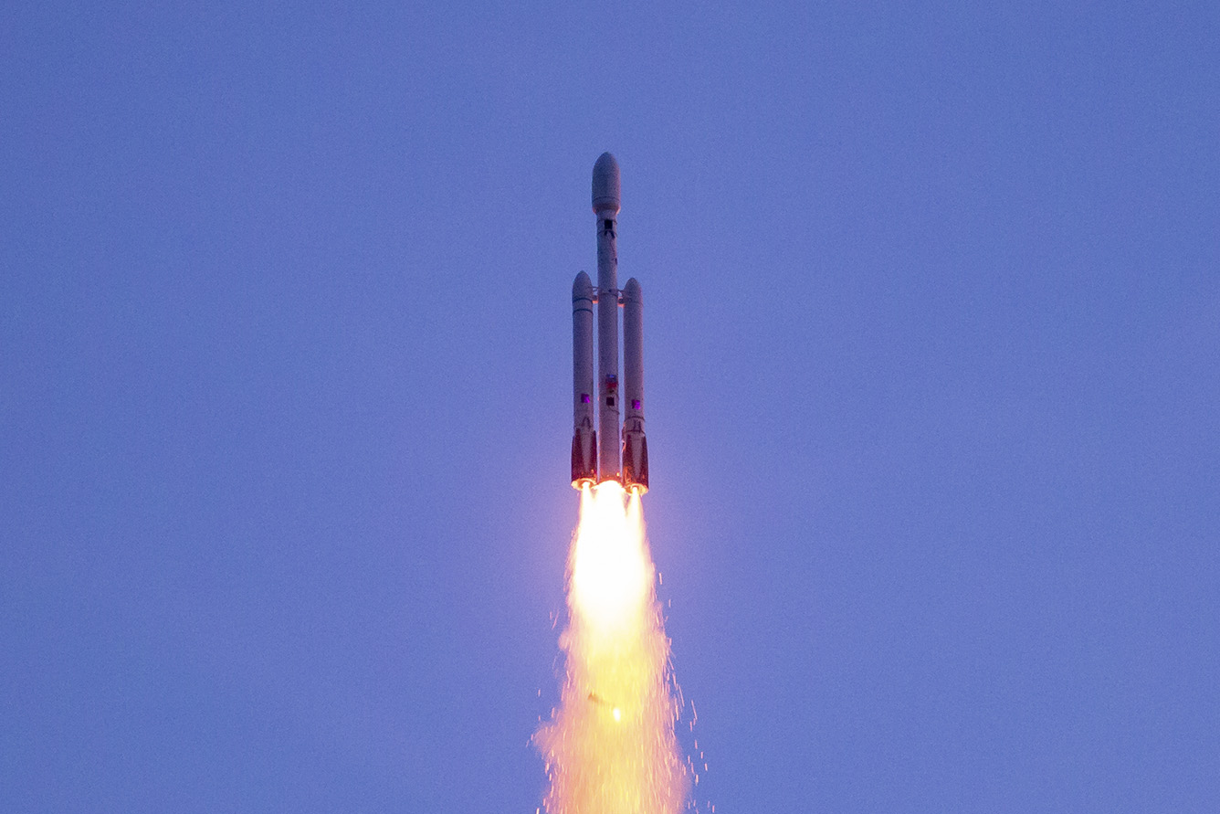 Just before booster sep on flight 1 of the Falcon Heavy model