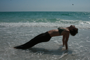 Fingers facing your feet with palms flat on the ground, shoulders rolled down your back and hips lifted high.