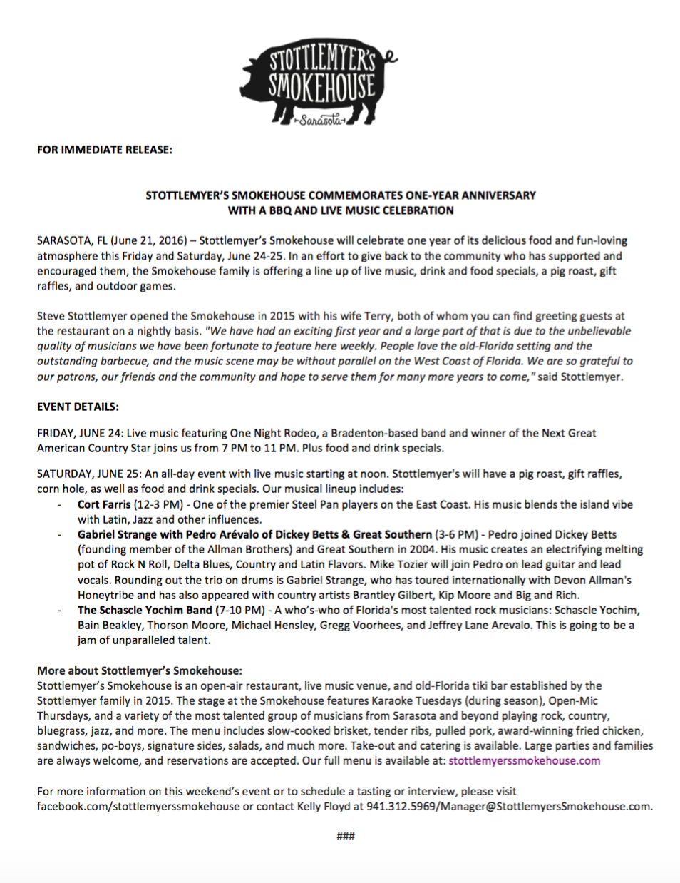 Anniversary Celebration Press Release