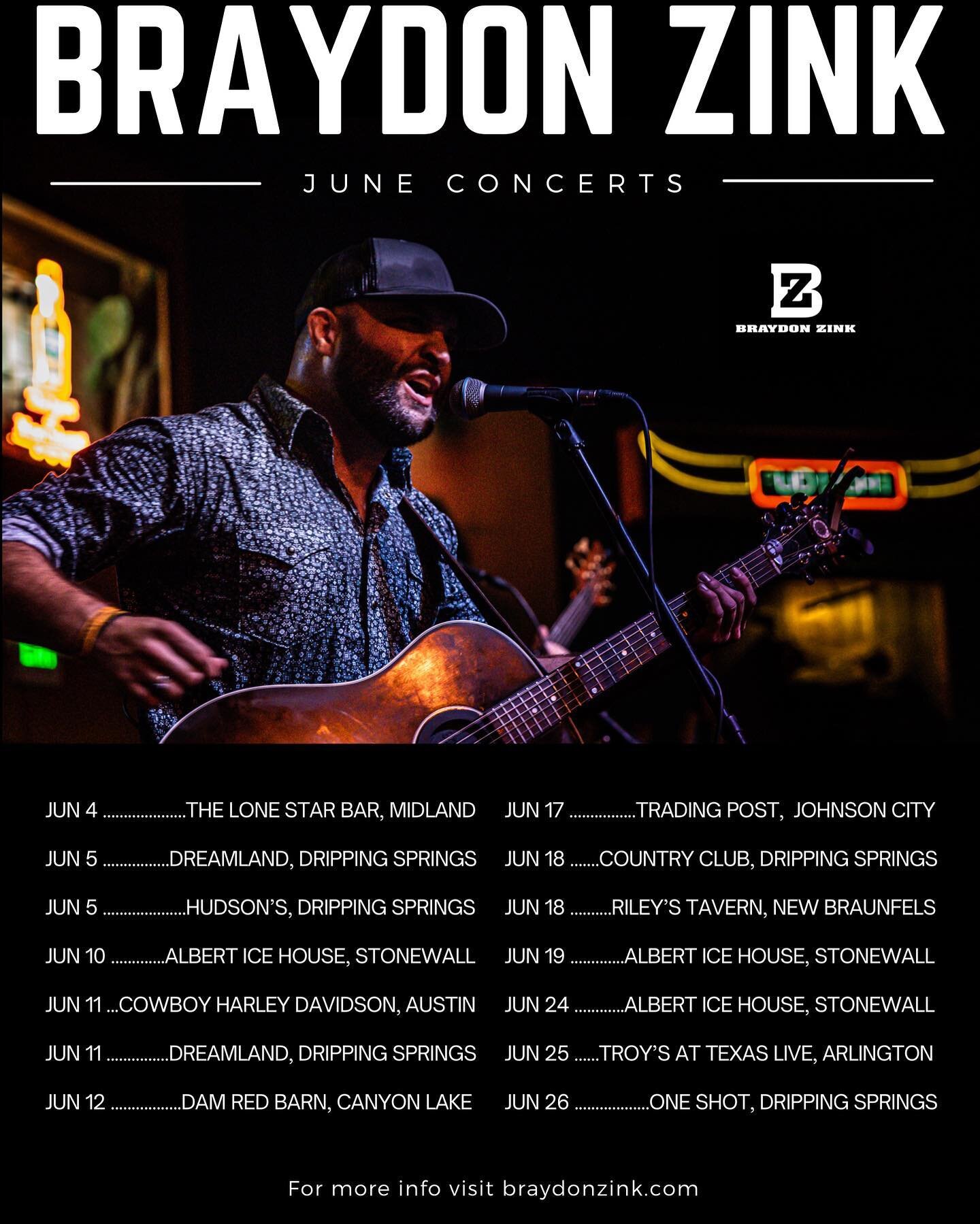 Coming in hot! June is stacked! Come catch a show or two! For more info go to braydonzink.com.

This weekend we are in Midland on Friday and then in Dripping Springs on Saturday! Saturday at 12:30pm at Dreamland and at Hudson&rsquo;s on Mercer at 8pm
