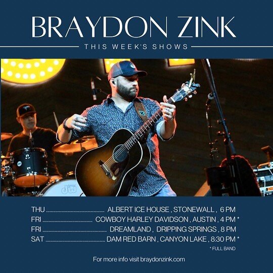 This weeks shows:
THU: @albert.texas 6pm (Solo)
FRI: @cowboyhdaustin 4pm (Band)
FRI: @dreamlanddstx 8pm (Trio)
SAT: @thedamredbarn 8:30pm (Band)