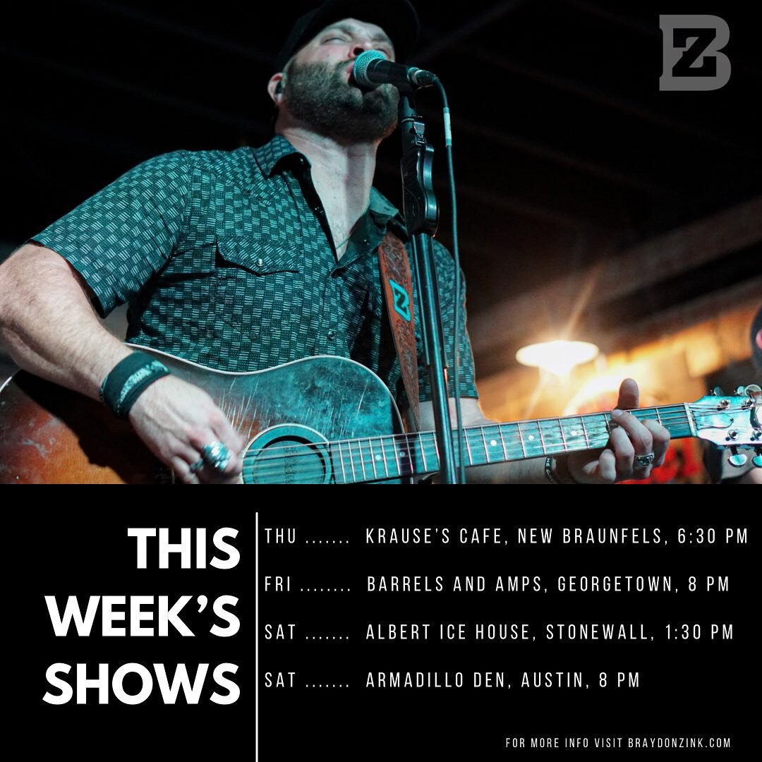 This week&rsquo;s shows:
THU: @krausescafe with @william_brogan 6:30pm
FRI: @barrelsandamps 8pm
SAT: @albert.texas 1:30pm
SAT: @armadilloden 8pm