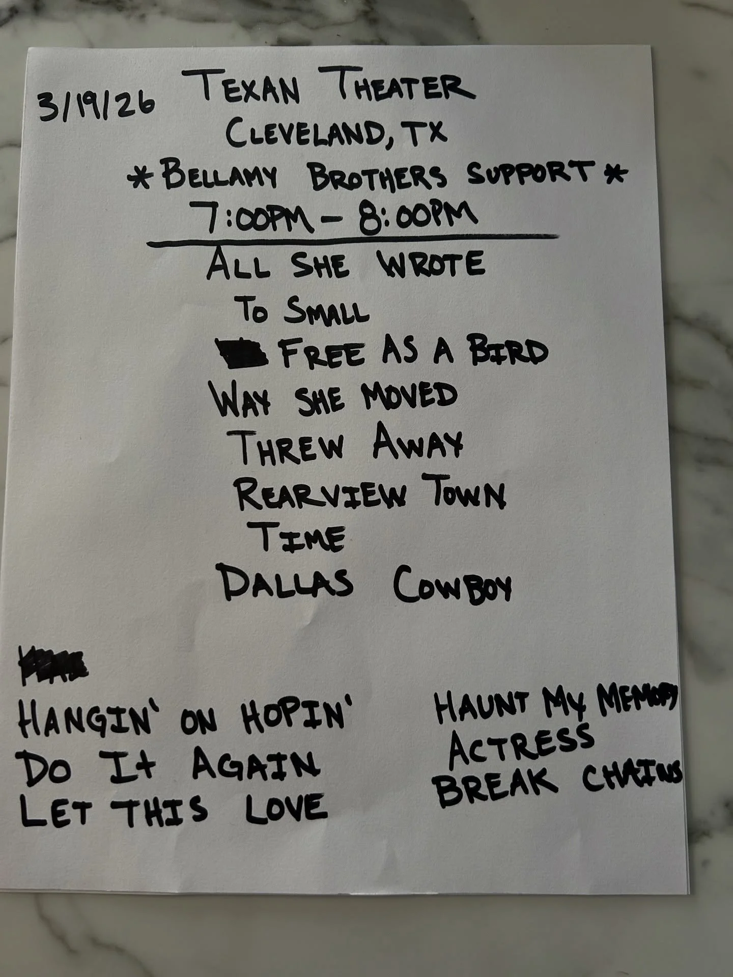 Making the setlist for tonight&rsquo;s show the @texantheater in Cleveland, Texas opening for @bellamy_brothers doors at 6pm. I kick things off at 7pm!