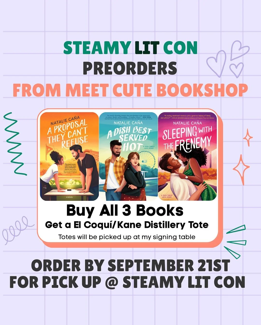 IK it’s a bit last minute, but I just wanted to remind all of you @steamylitcon attendees (if you don’t have tickets yet, get them now) to pre-order my books through @meetcutebookshop!!
Also, surprise! If you pre-order all three, I have
