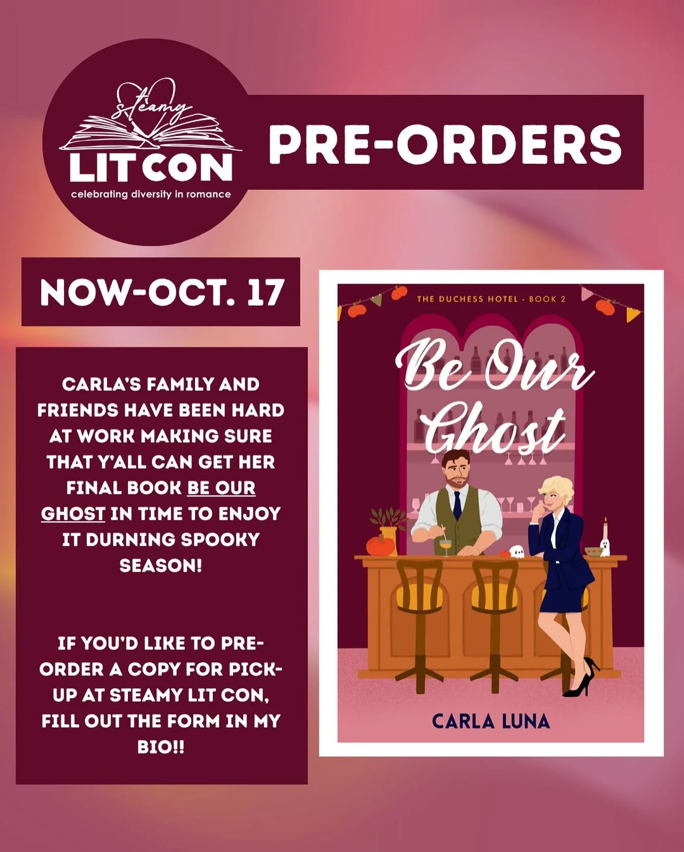 As most of you know, our amazing friend Carla Luna passed away in the summer. Her family and friends have been working hard to ensure her readers can get her final release, Be Our Ghost, in their hands in time to enjoy it for Spooky Season. 

To that