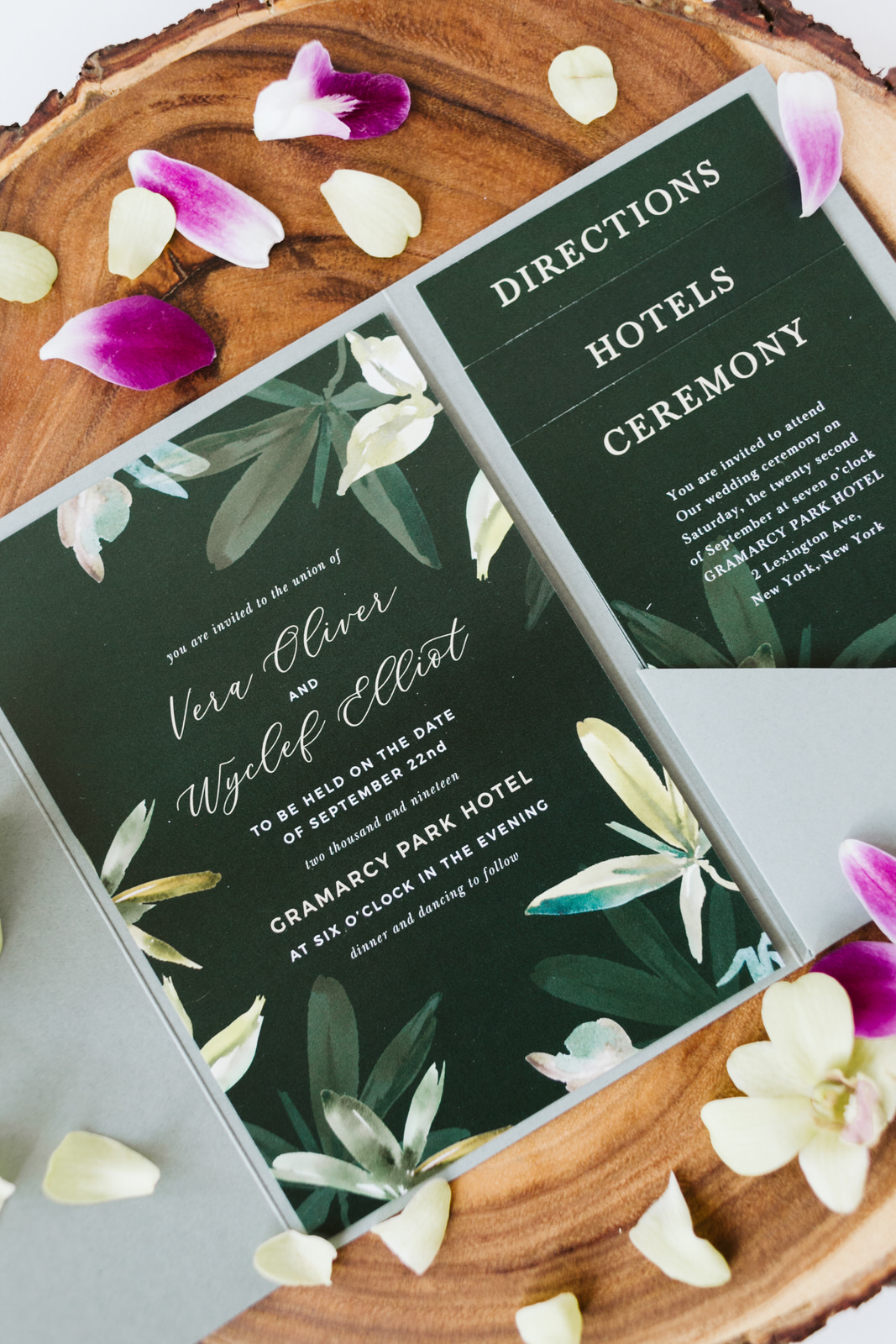 Wedding Stationary Hawaii orchid petals Wooden Basic invite Block directions Ceremony