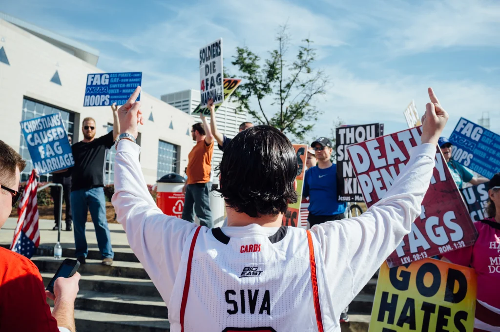 The Westboro Baptist Church protests outside the Georgia Dome in Atlanta during the NCAA Final Four tournament in April 2013. 