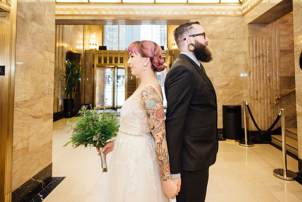 Siobhan and Bill in the lobby of the Hard Rock hotel during their first look.