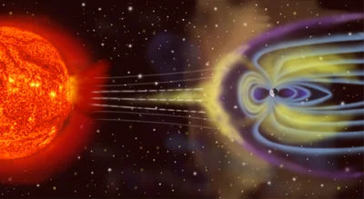 Depiction of solar particles interacting with Earth’s magnetosphere