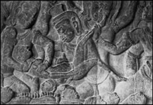Bas-relief at Angkor Wat depicting a demon performing an ancient abortion.