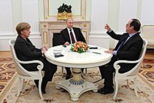 Angela Merkel, Vladimir Putin, and Francois Hollande