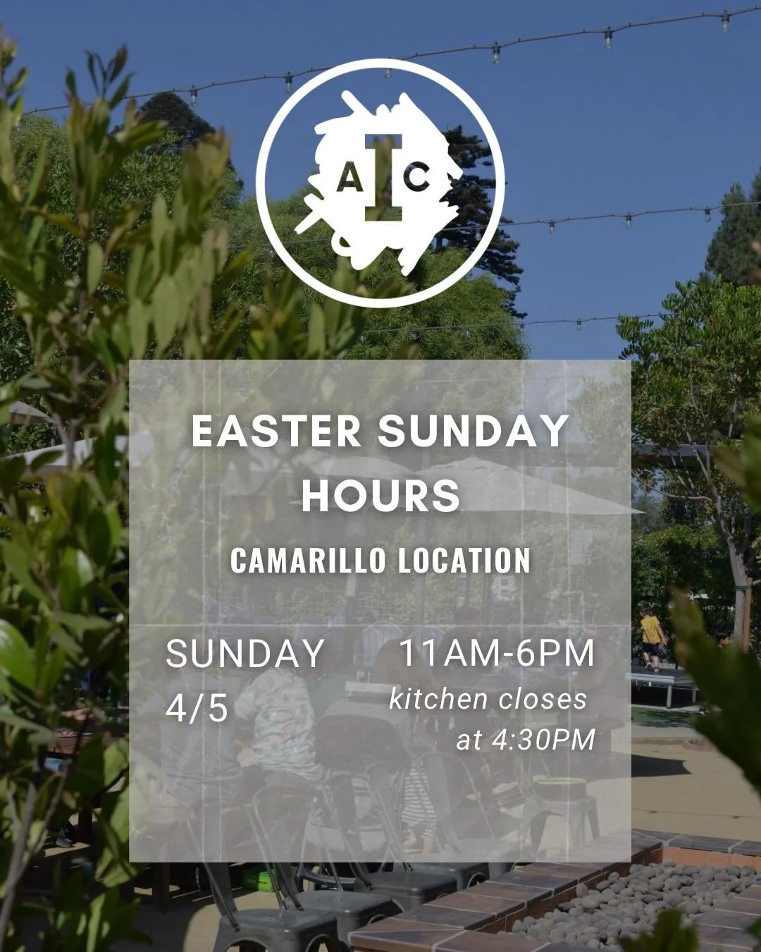Easter Sunday hours
Camarillo: 11am&ndash;6pm, kitchen closes at 4:30pm.
Swing by early + stock up on 4-packs for the holiday!