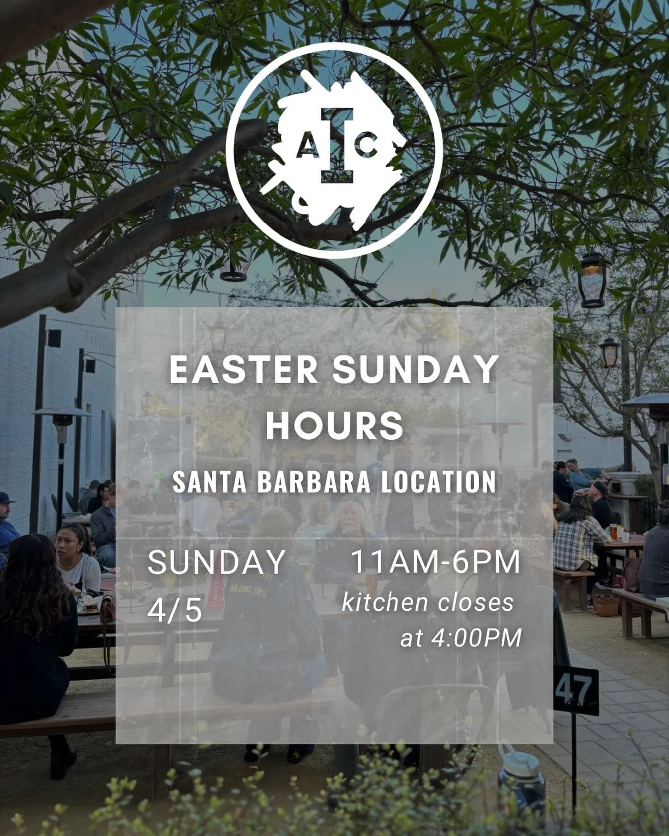 Santa Barbara Easter Sunday: 
11am&ndash;6pm, Kitchen closes at 4pm
Swing by for an early patio beer 🍻 

#InstitutionAleCoSb #StateStreet