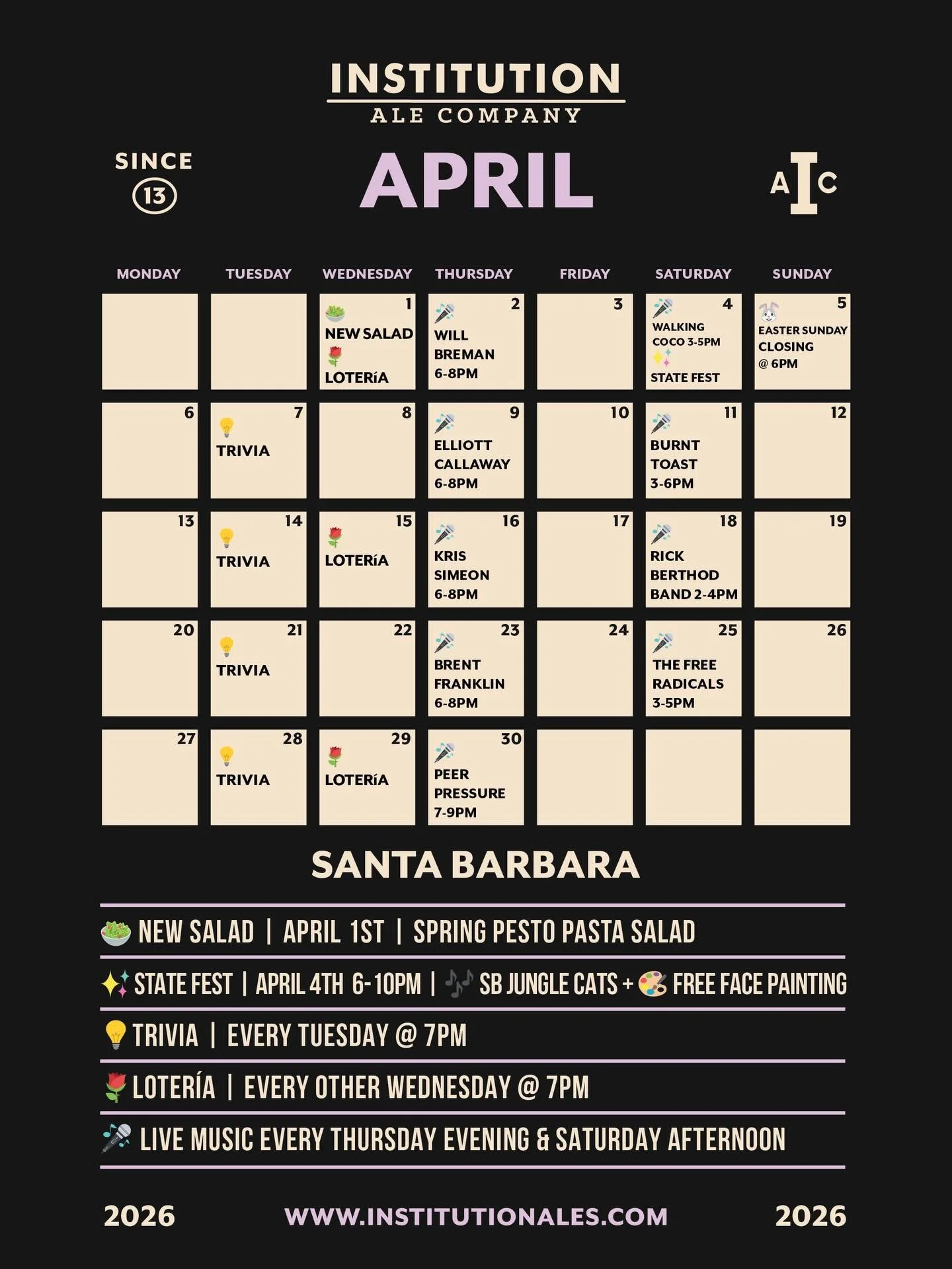 April in SB 🍻
New beers, live music, trivia, loter&iacute;a + State Fest happening this Saturday! Don&rsquo;t miss it!

#InstitutionAleCoSb #StateStreet