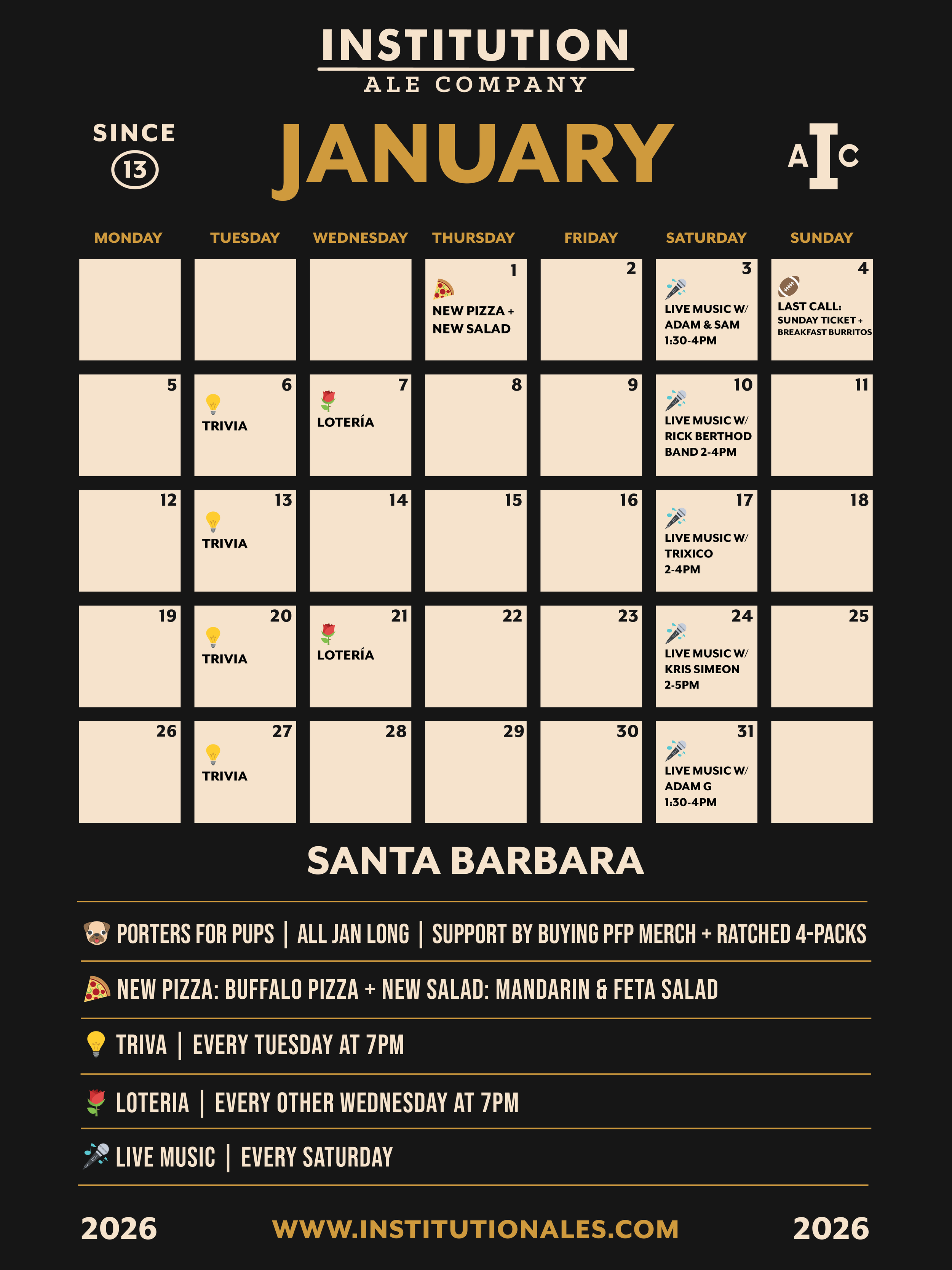 January Event Calendar (Santa Barbara Location)