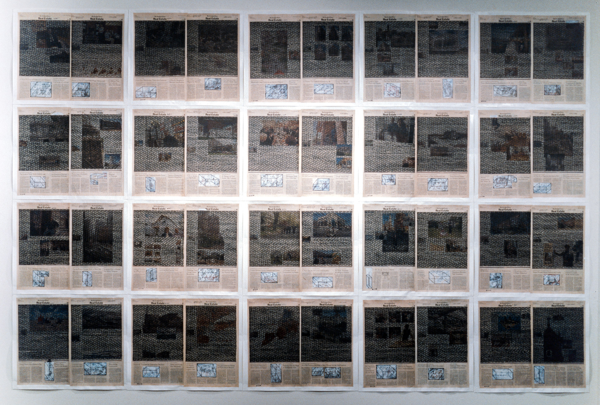 Real Estate , composite view, 1999. Permanent markers and correction fluid on newspaper mounted on canvas.