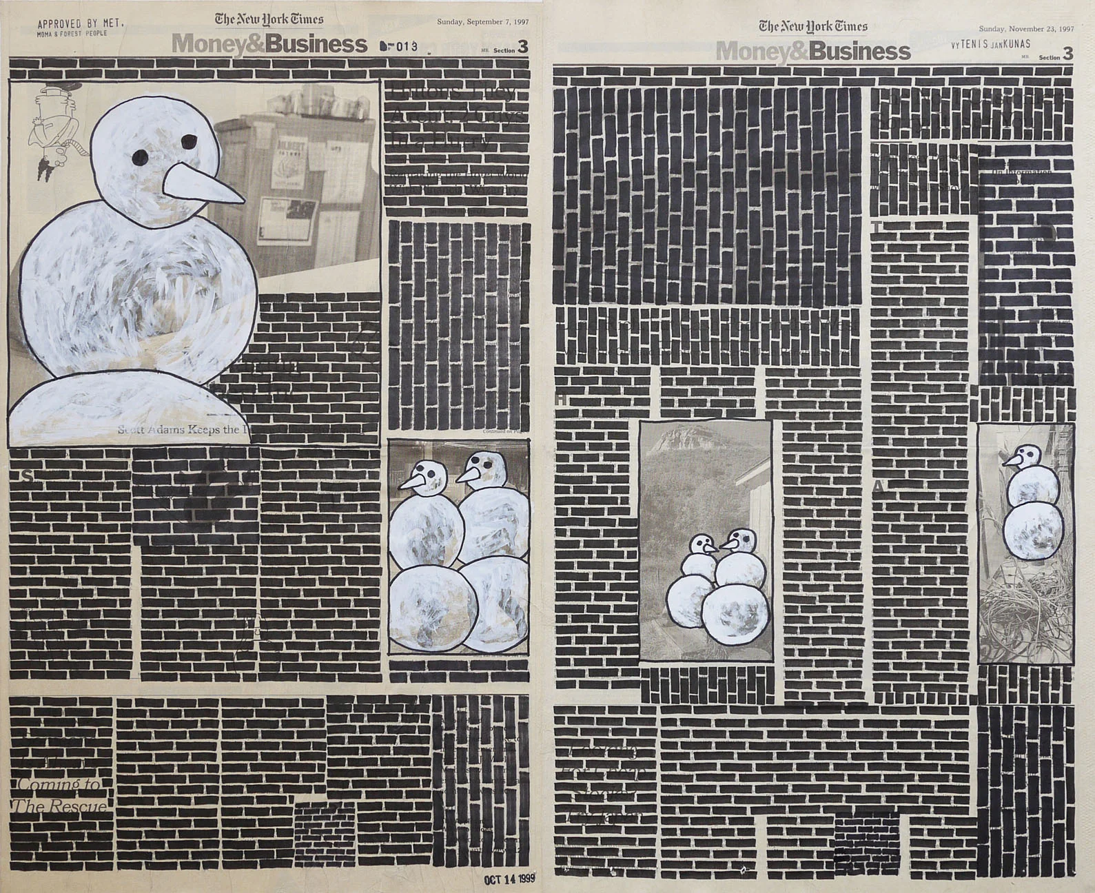 Money & Business #013, 1999. Permanent markers and correction fluid on newspaper mounted on canvas.