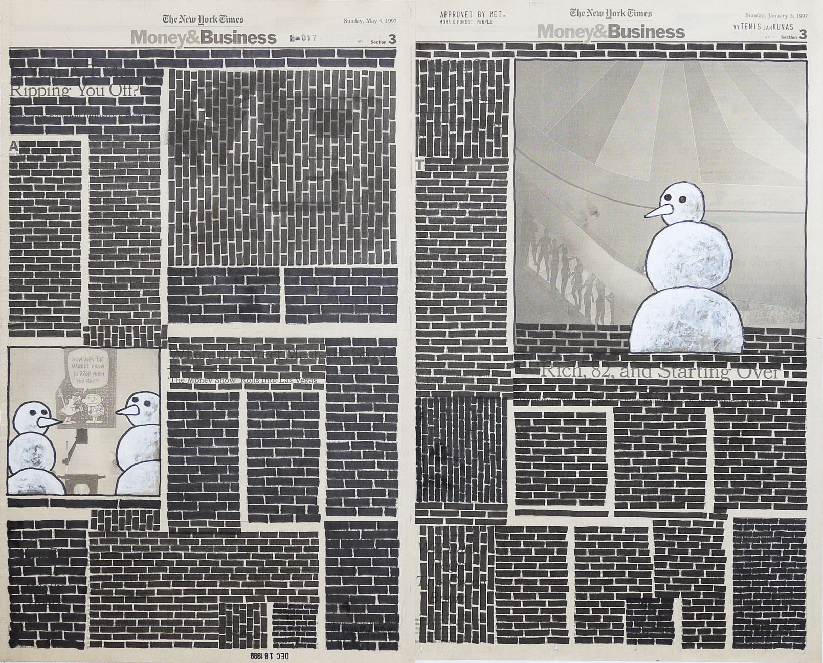 Money & Business #017, 1999. Permanent markers and correction fluid on newspaper mounted on canvas.