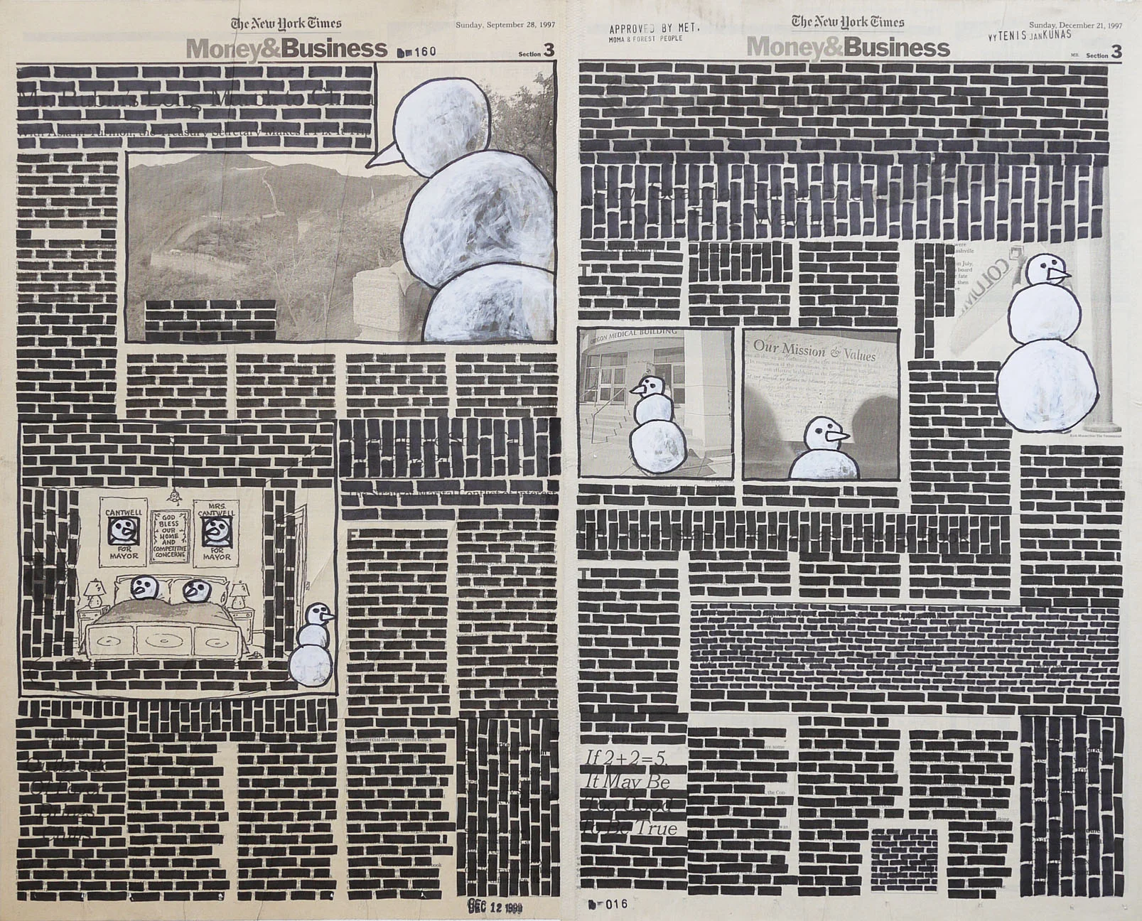Money & Business #016, 1999. Permanent markers and correction fluid on newspaper mounted on canvas.