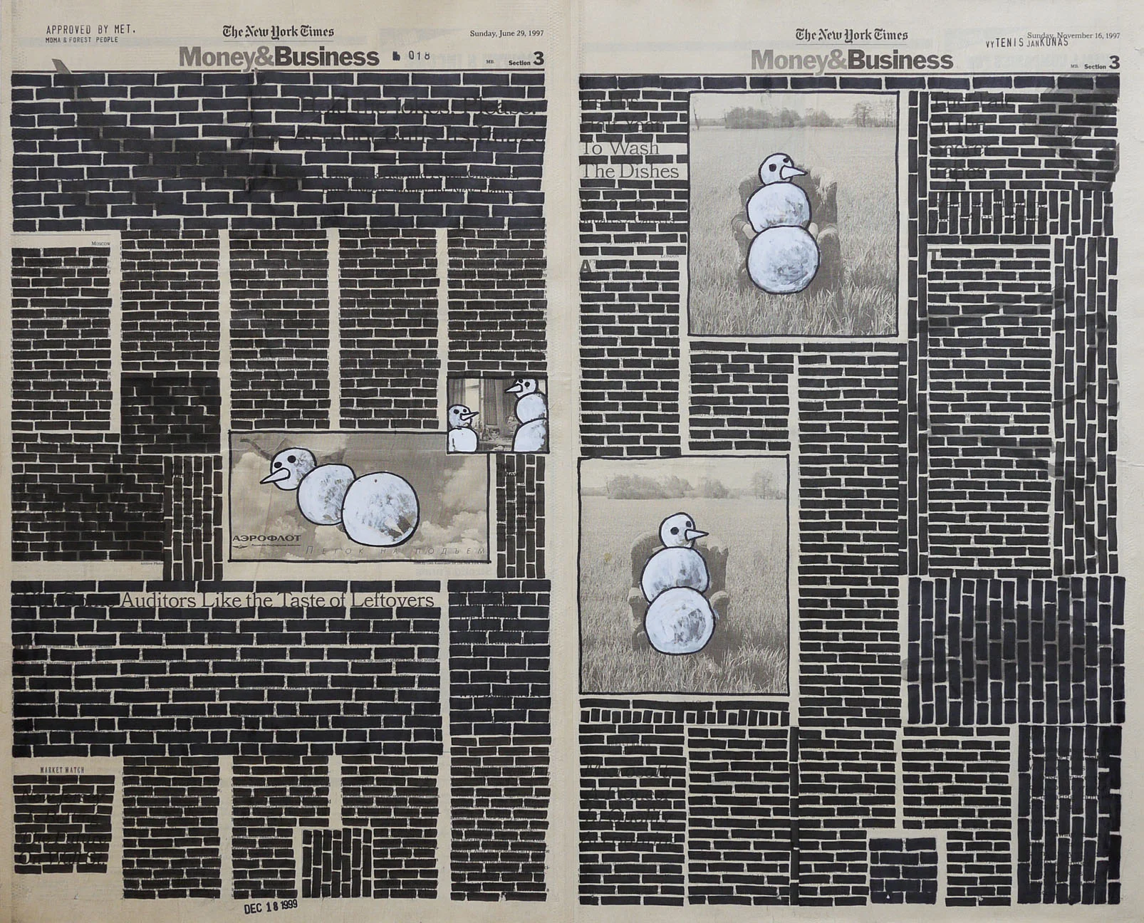 Money & Business #018, 1999. Permanent markers and correction fluid on newspaper mounted on canvas.