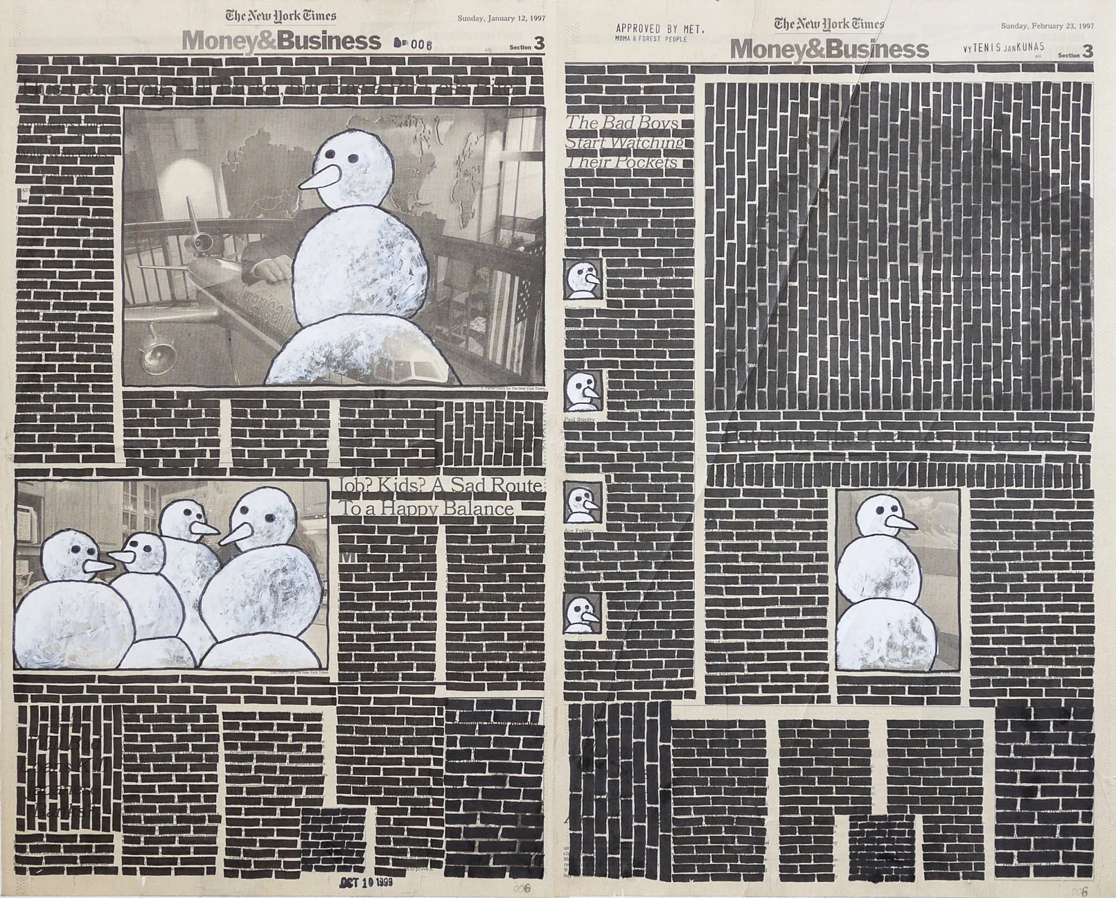 Money & Business #008, 1999. Permanent markers and correction fluid on newspaper mounted on canvas.