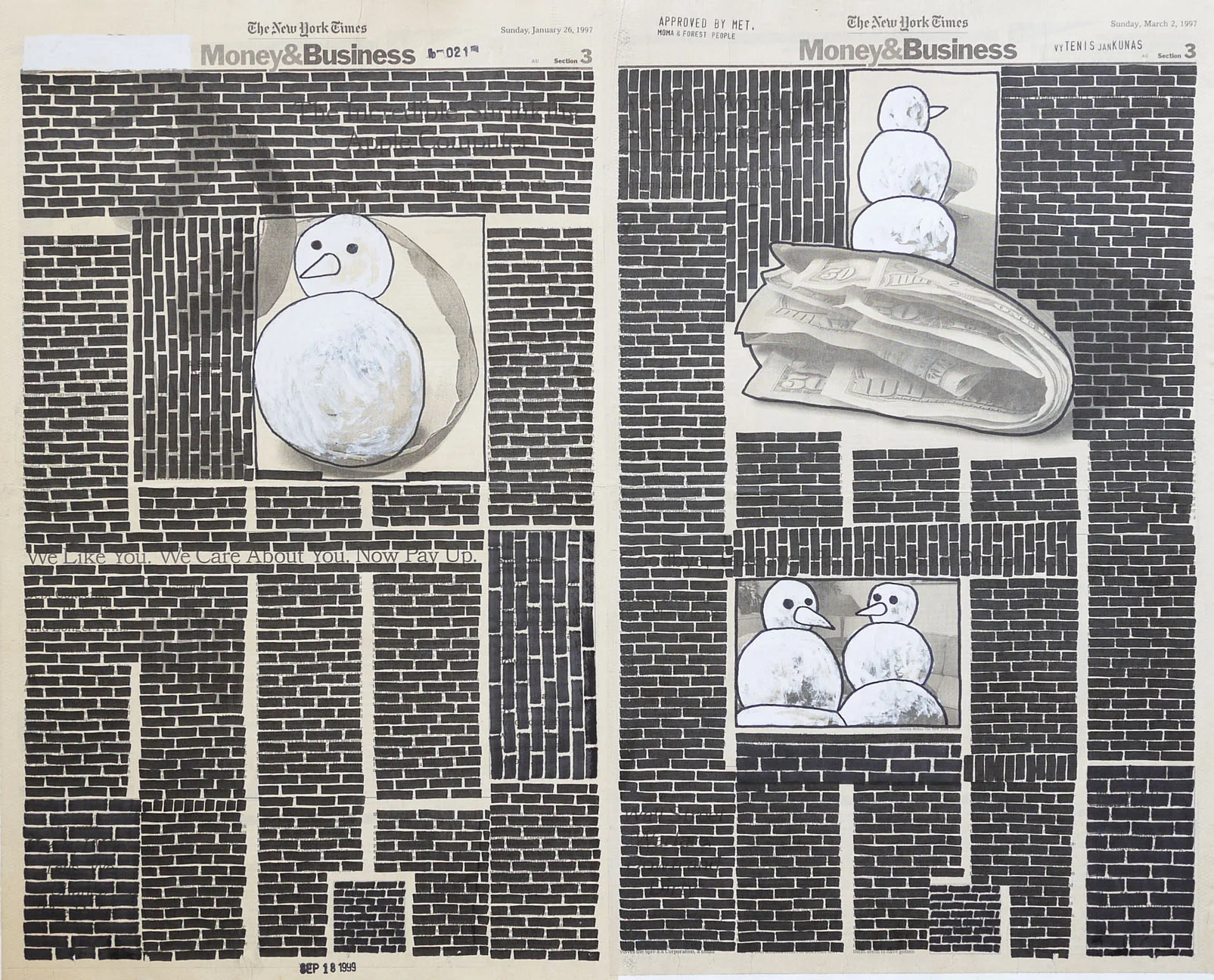   Money &amp; Business  #021, 1999. Permanent markers and correction fluid on newspaper mounted on canvas. 