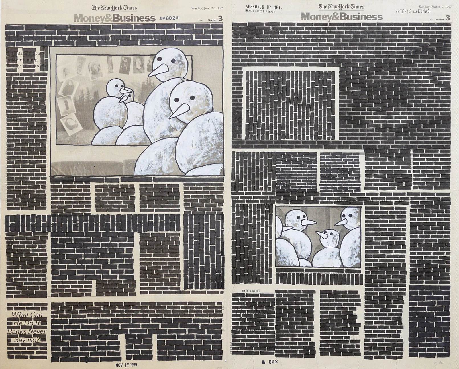   Money &amp; Business  #002, 1999. Permanent markers and correction fluid on newspaper mounted on canvas. 