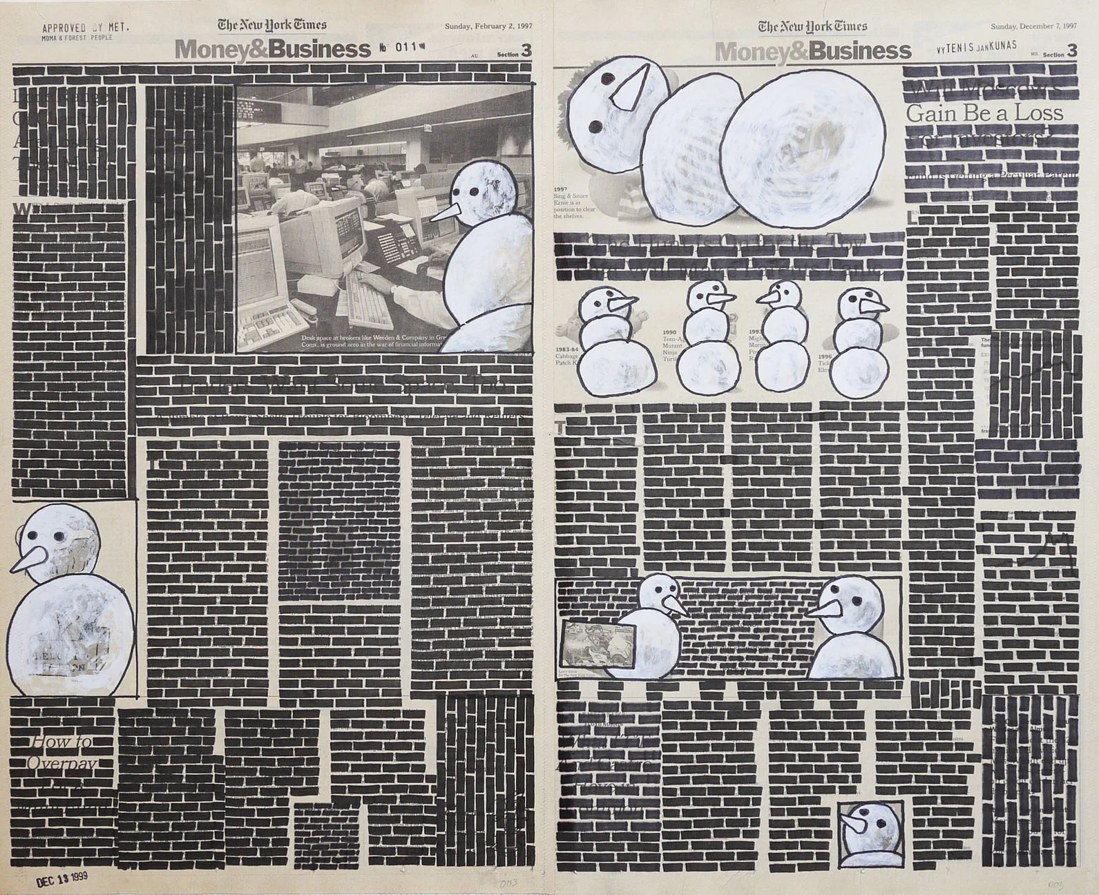   Money &amp; Business  #011, 1999. Permanent markers and correction fluid on newspaper mounted on canvas. 