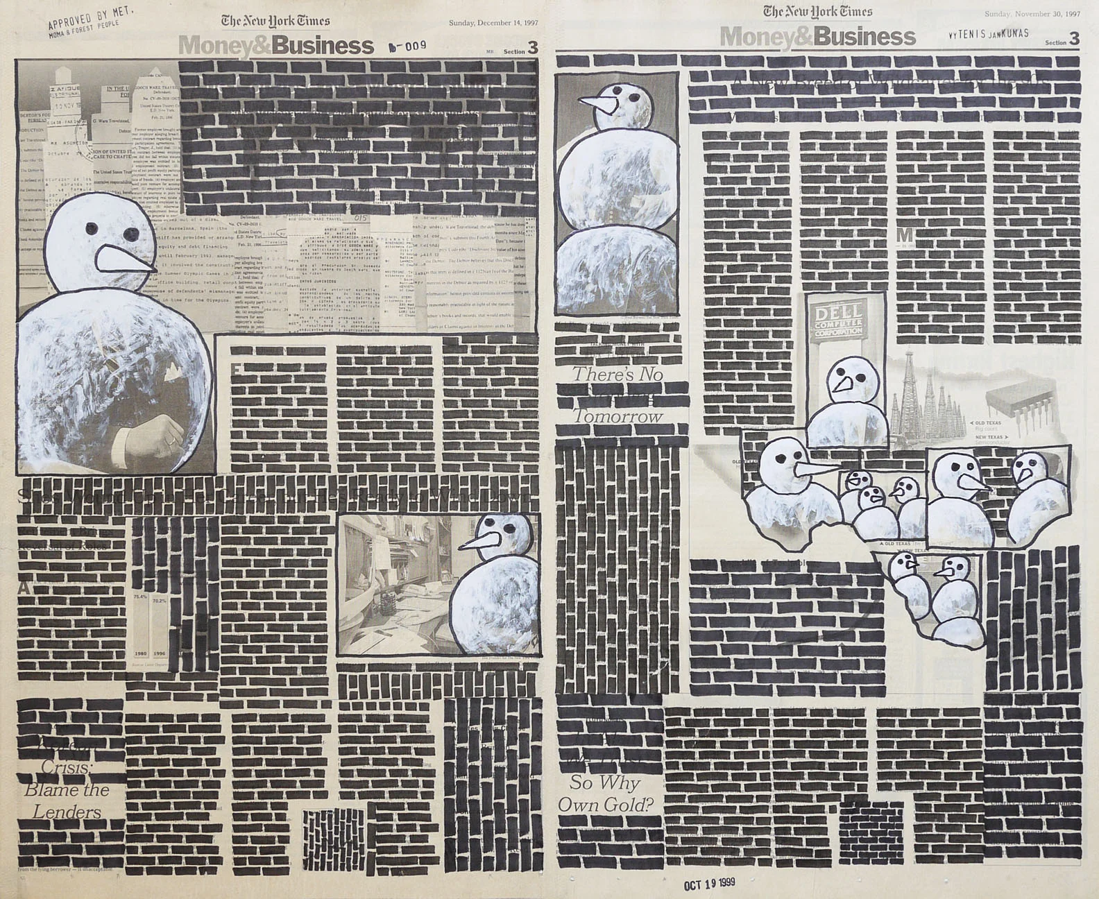   Money &amp; Business  #009, 1999. Permanent markers and correction fluid on newspaper mounted on canvas. 