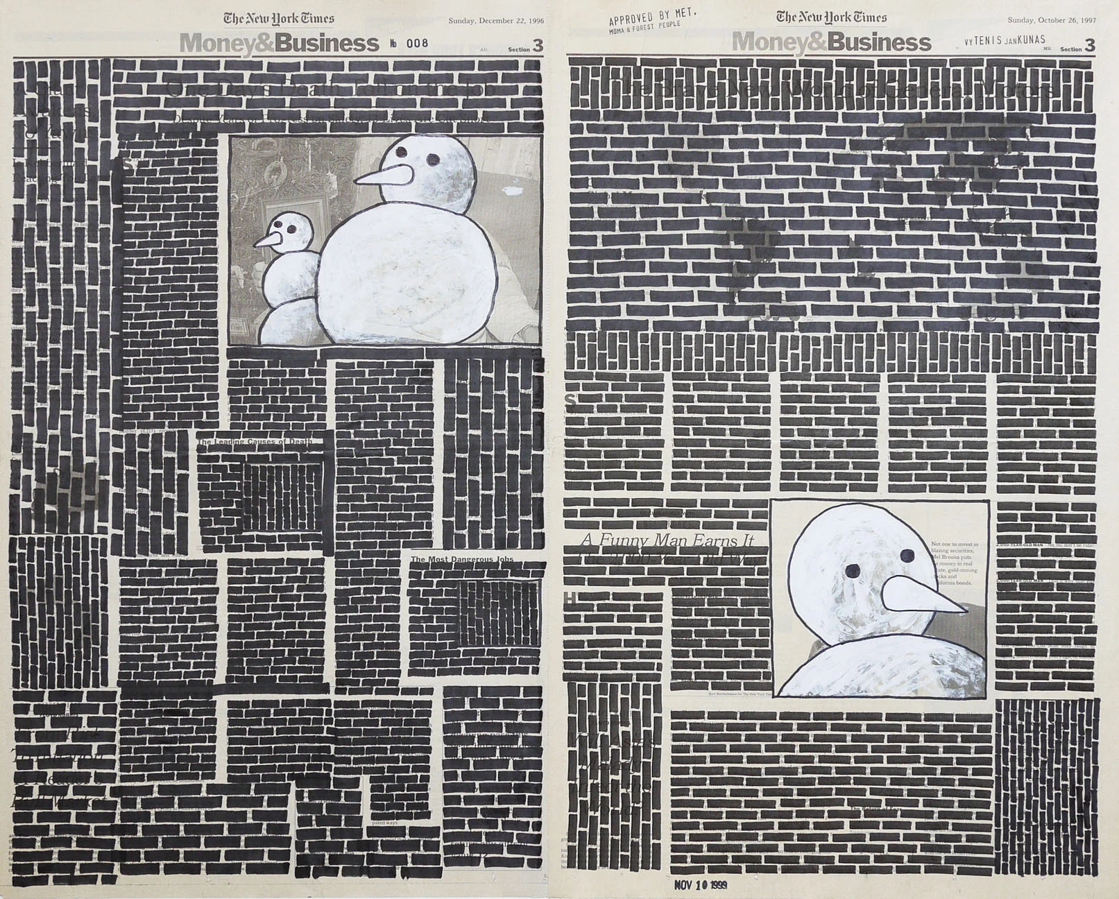   Money &amp; Business  #008, 1999. Permanent markers and correction fluid on newspaper mounted on canvas. 