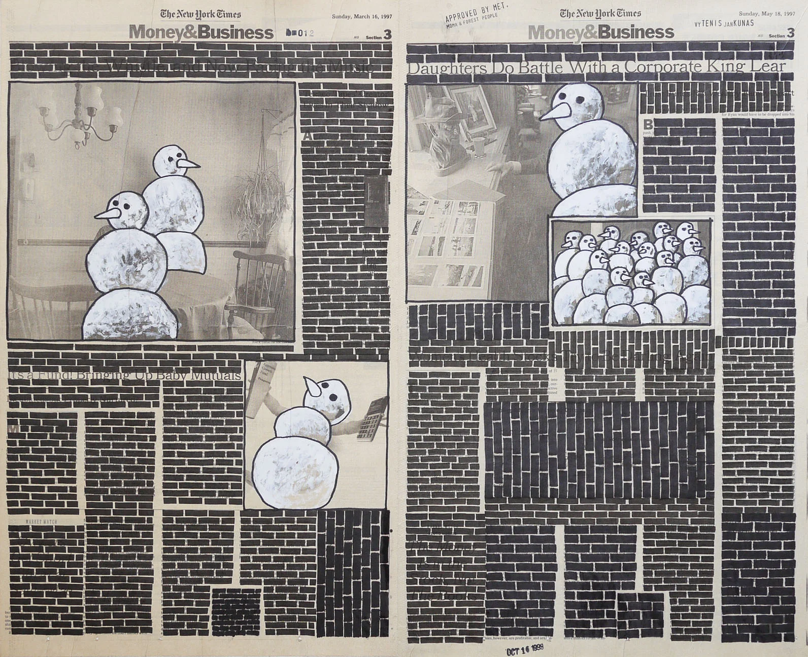   Money &amp; Business  #012, 1999. Permanent markers and correction fluid on newspaper mounted on canvas. 