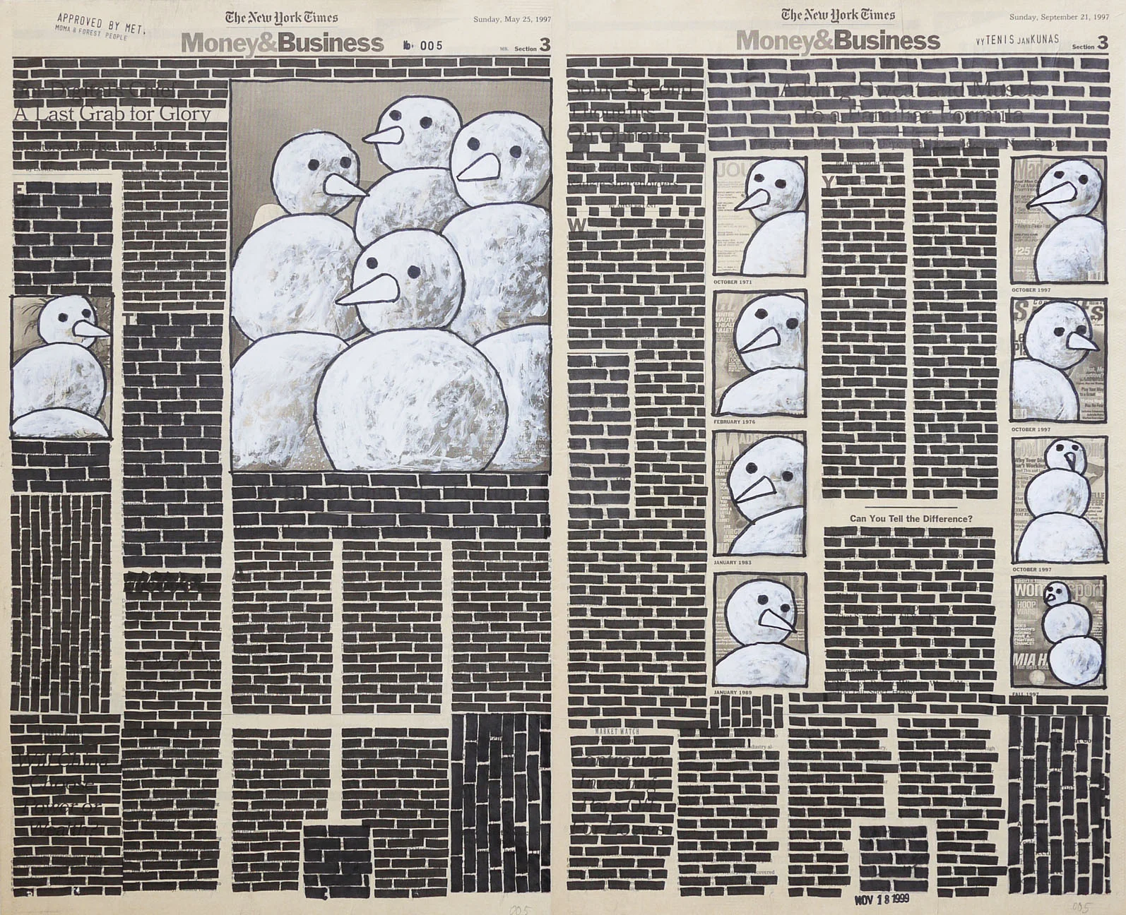 Money & Business #007, 1999. Permanent markers and correction fluid on newspaper mounted on canvas.