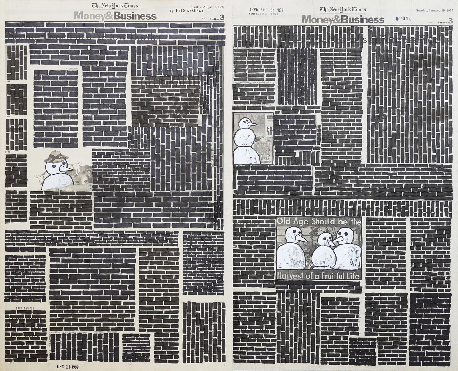 Money & Business #019, 1999. Permanent markers and correction fluid on newspaper mounted on canvas.