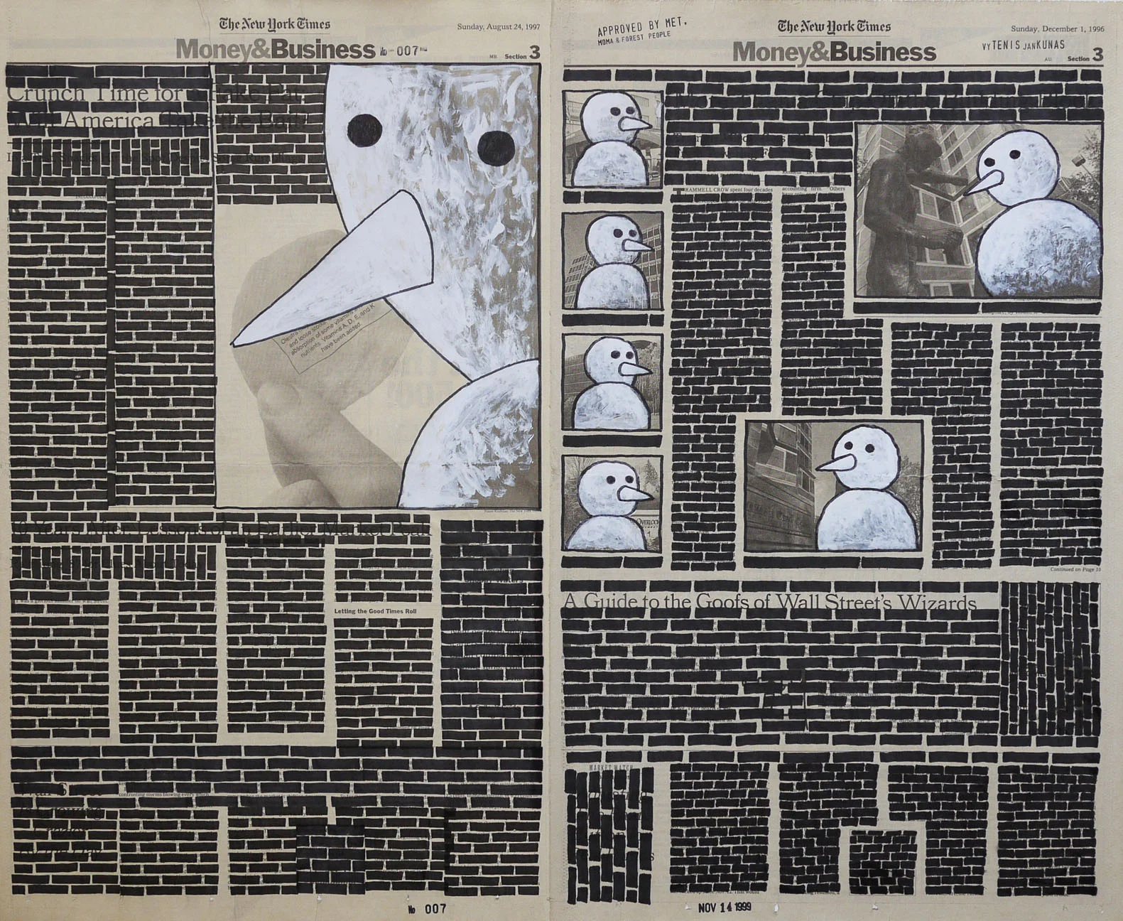   Money &amp; Business  #007, 1999. Permanent markers and correction fluid on newspaper mounted on canvas. 